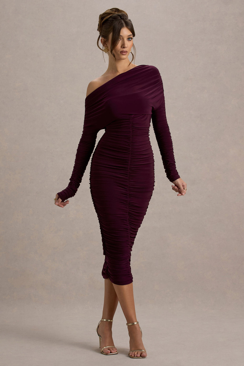 Sinclair | Plum Ruched One-Shoulder Bodycon Midi Dress