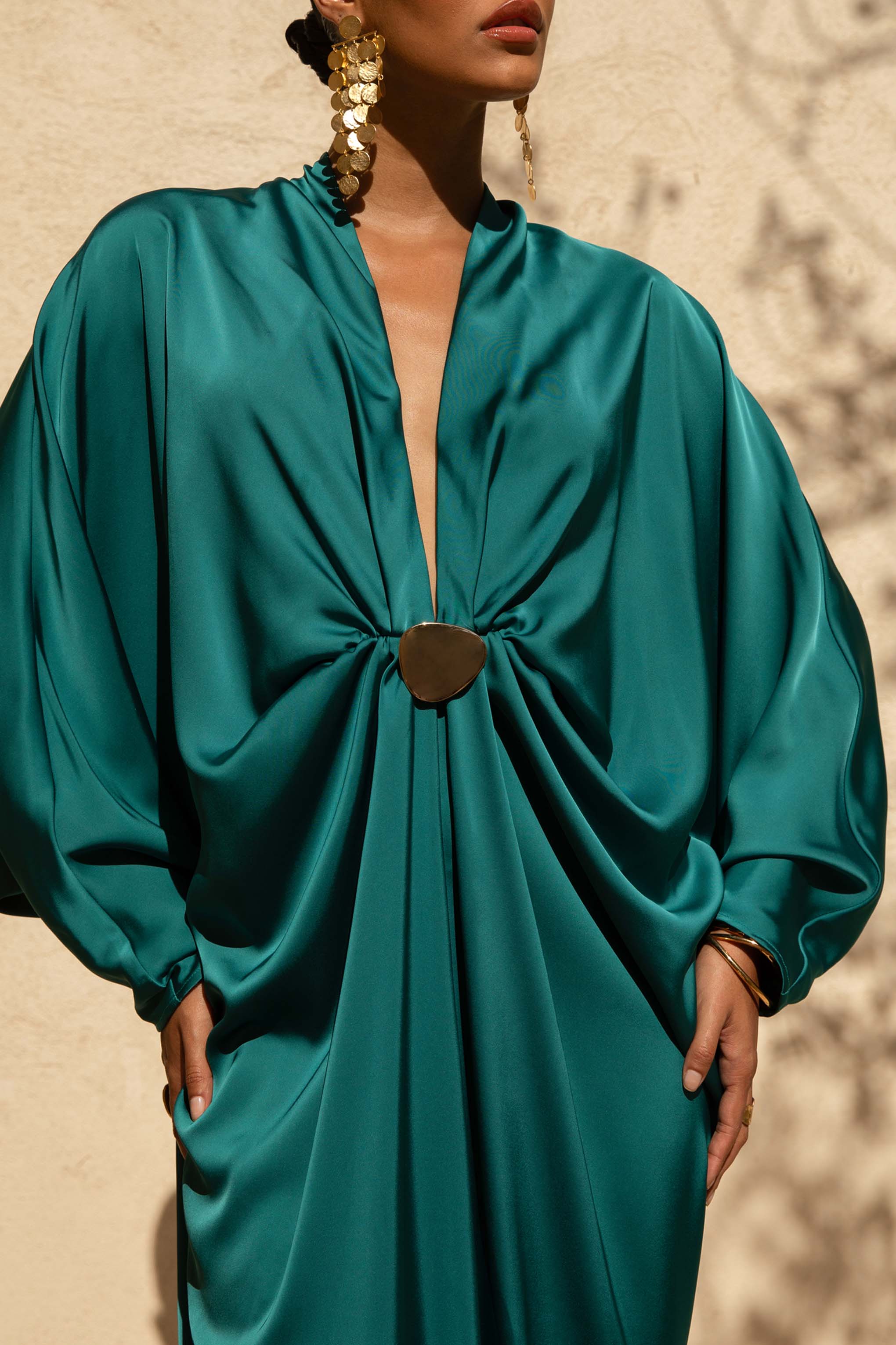 Tina | Dark Green Satin Plunge-Neck Embellished Maxi Dress