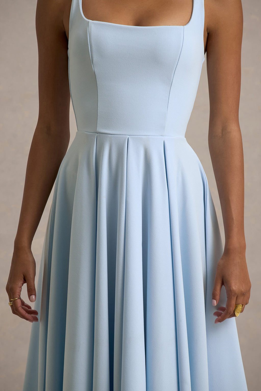 Parina | Powder Blue Strappy Volume-Hem Midi Dress