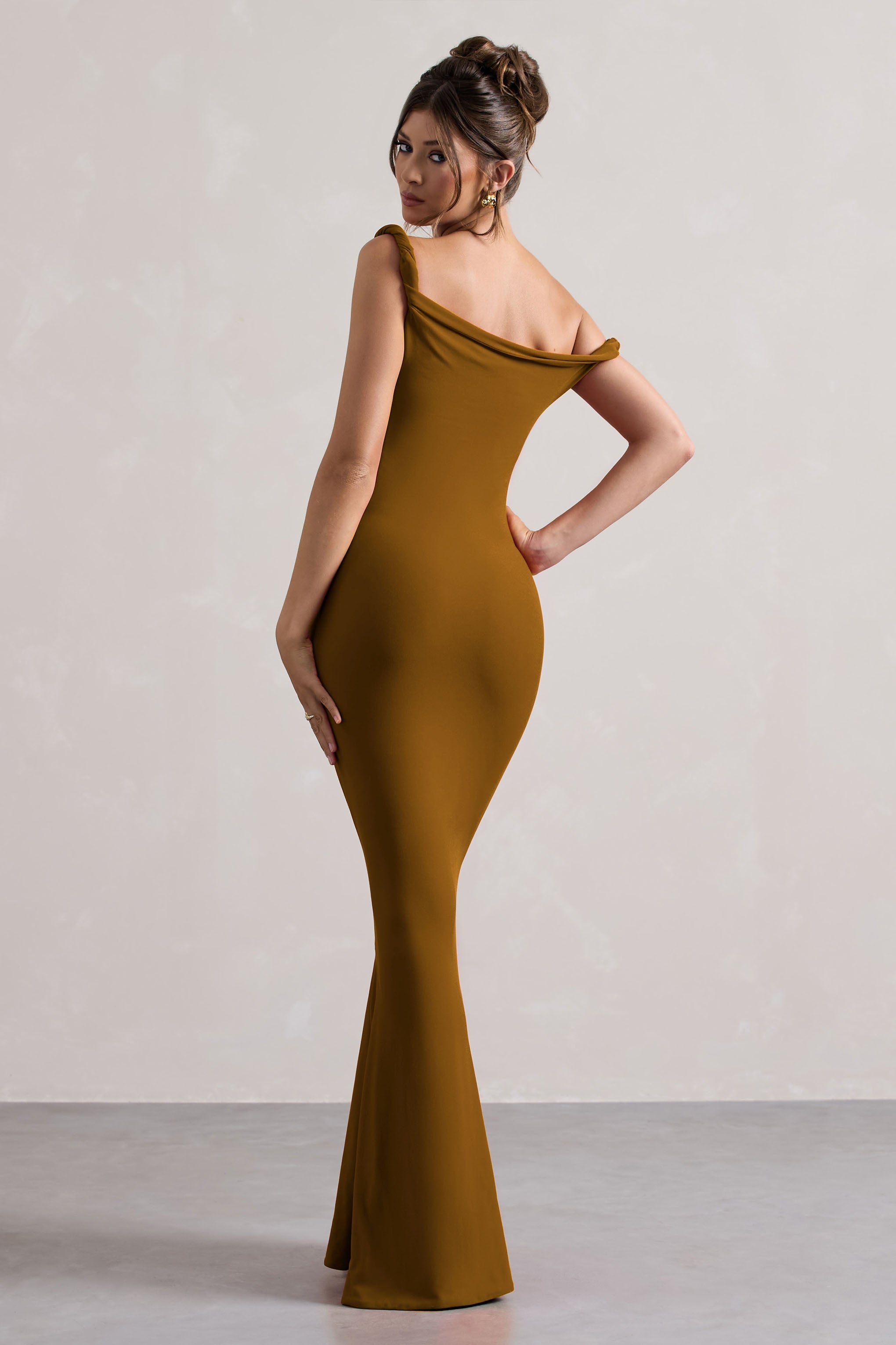 Lita | Golden Brown Twisted Asymmetric Maxi Dress