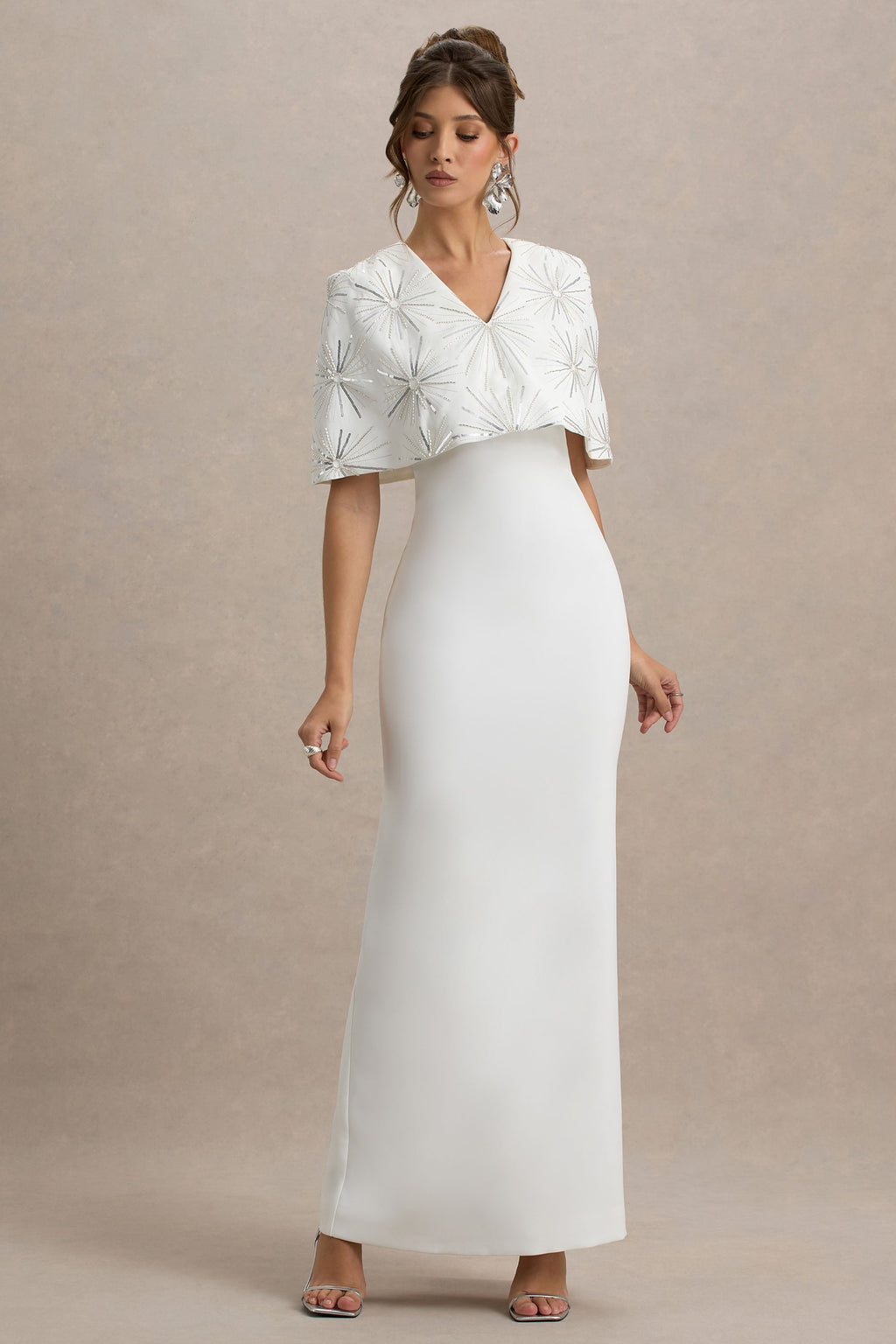 Agnella | White Embellished V-Neck Maxi Dress