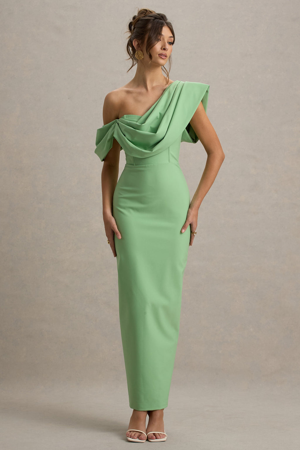 Angelina | Green Draped Shoulder Maxi Dress