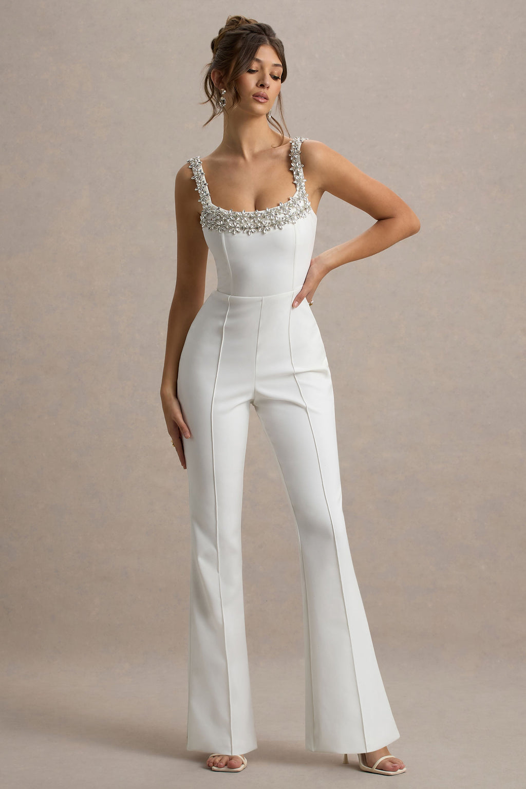 Amadi | White Embellished Strappy Flared-Leg Jumpsuit