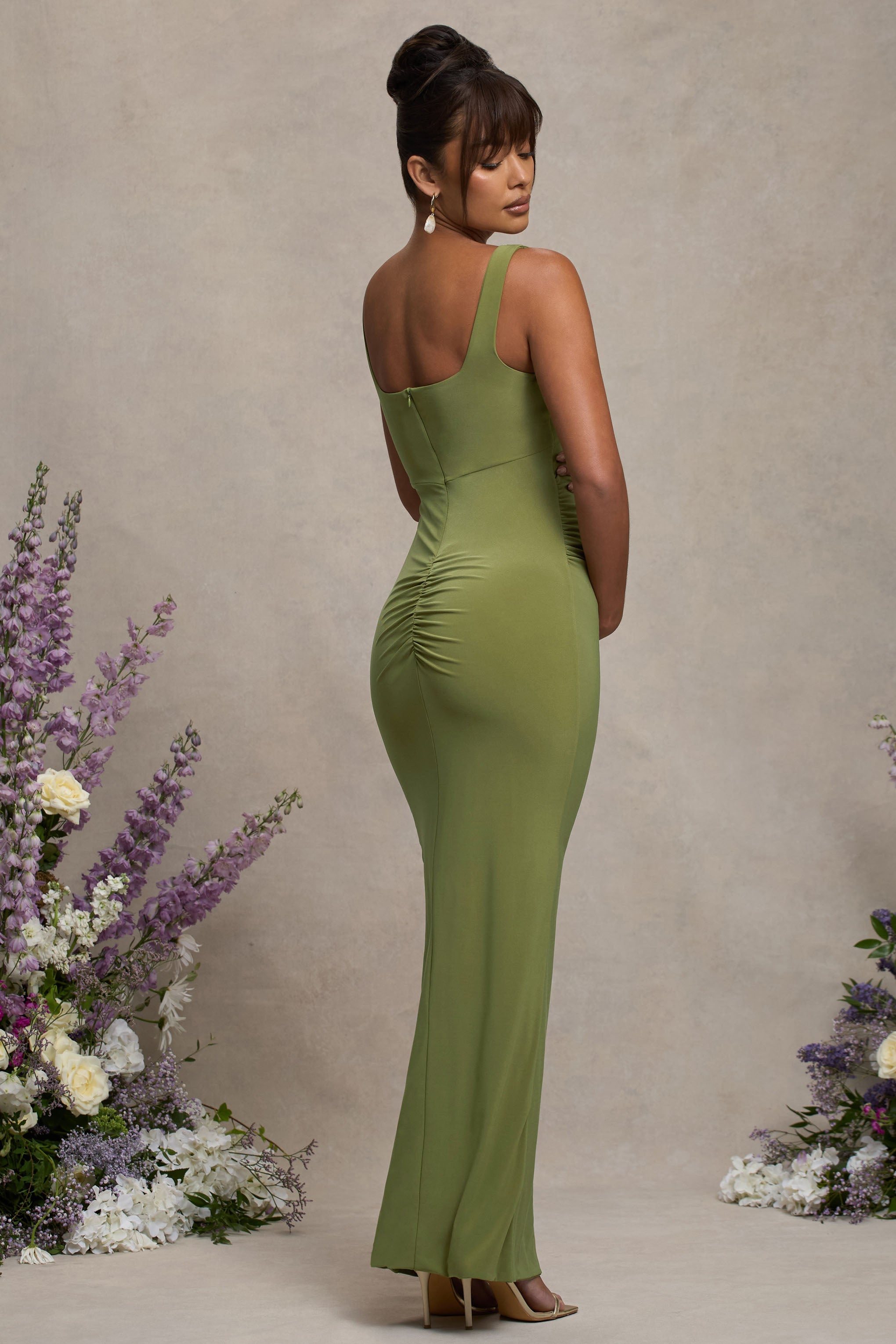 Avril | Olive Square Neck Maternity Maxi Dress with Split
