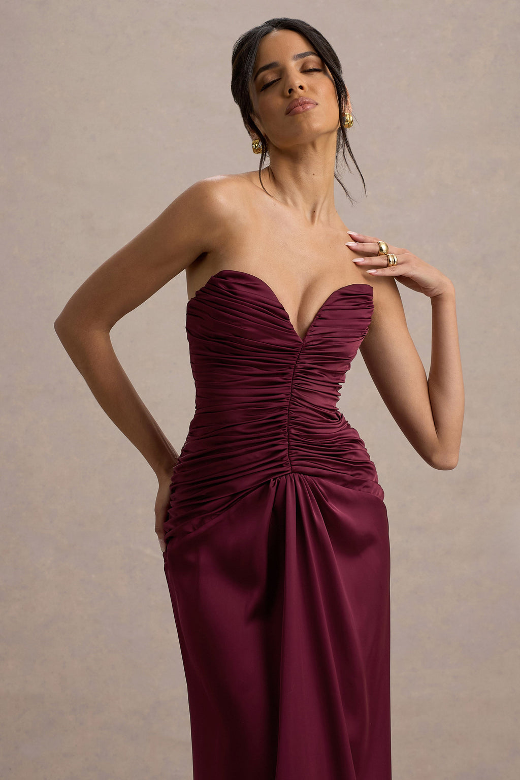 Desirie | Burgundy Satin Sweetheart Gathered Maxi Dress