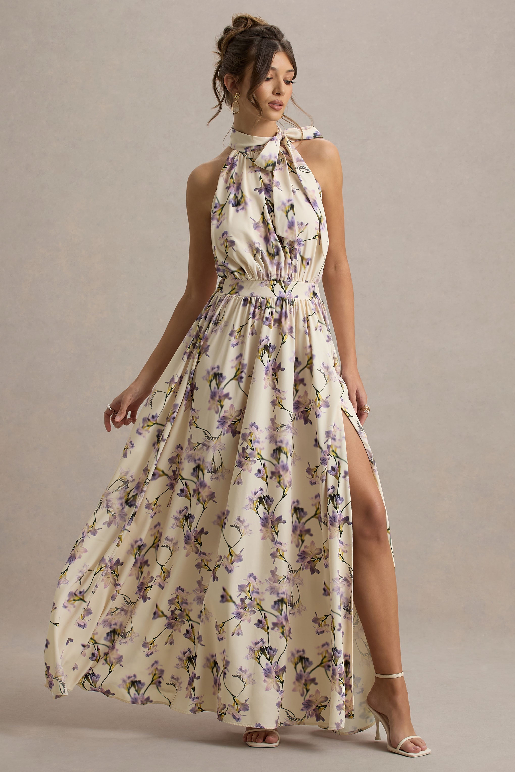 Talia | Lemon Floral Print High-Neck Split Maxi Dress With Bow