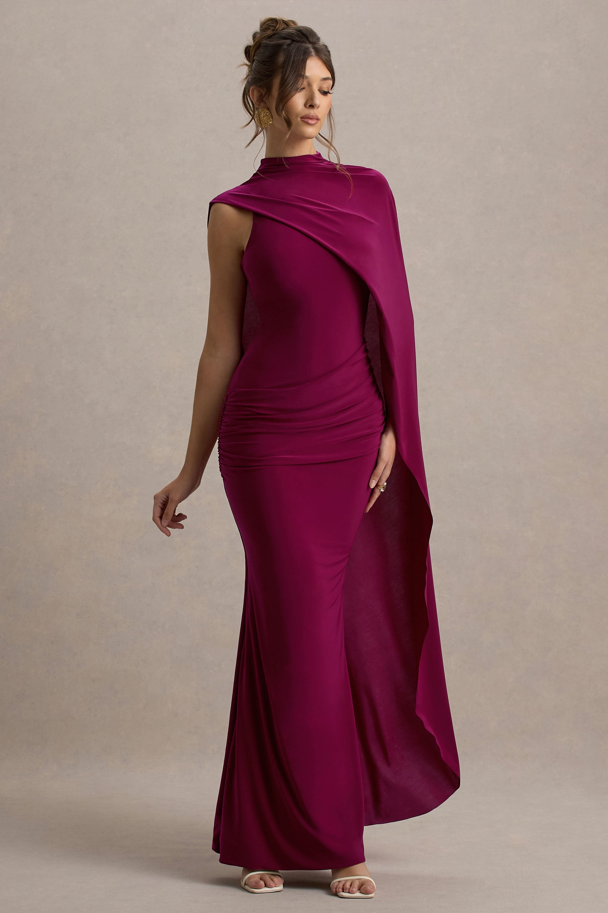 Maeve | Burgundy Cape-Sleeve Draped Maxi Dress