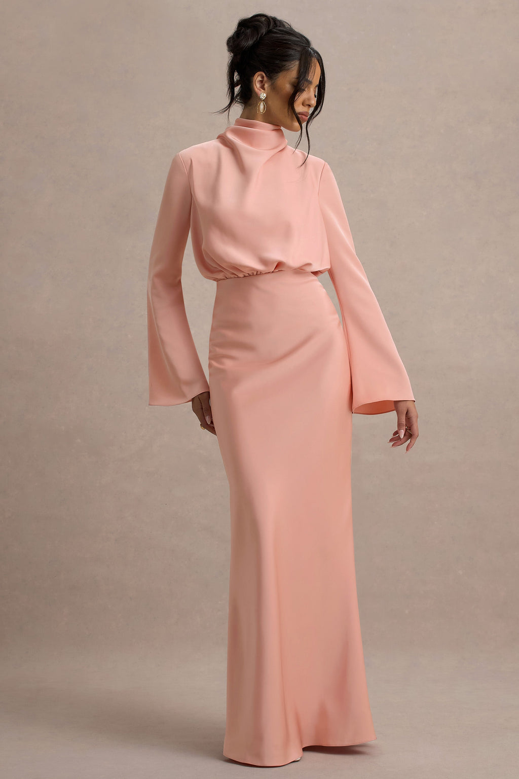 Celina | Light Pink Satin High-Neck Maxi Dress