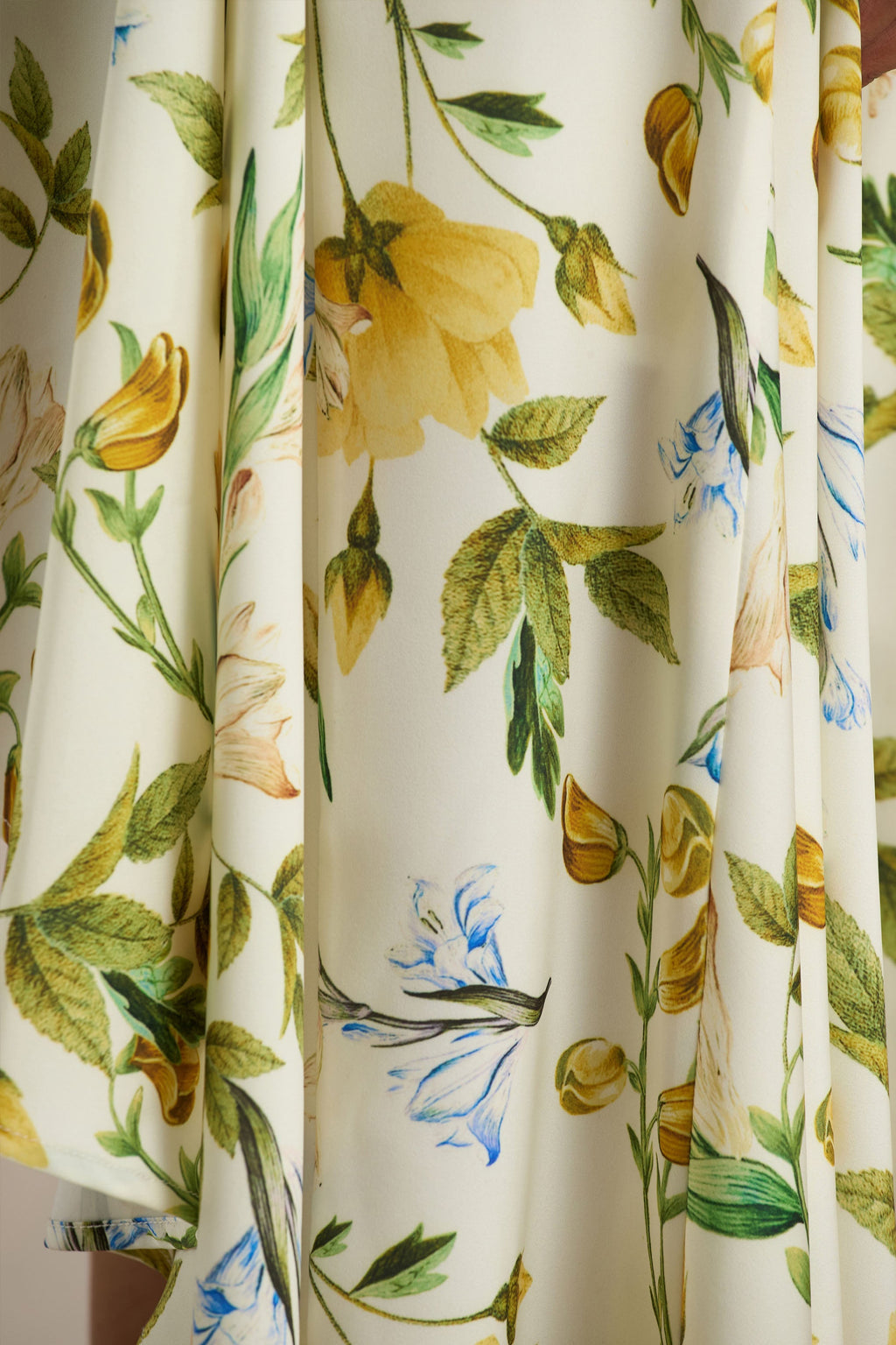 Glint | White Botanical Print Satin Plunge-Neck Maxi Dress With Asymmetric Hem