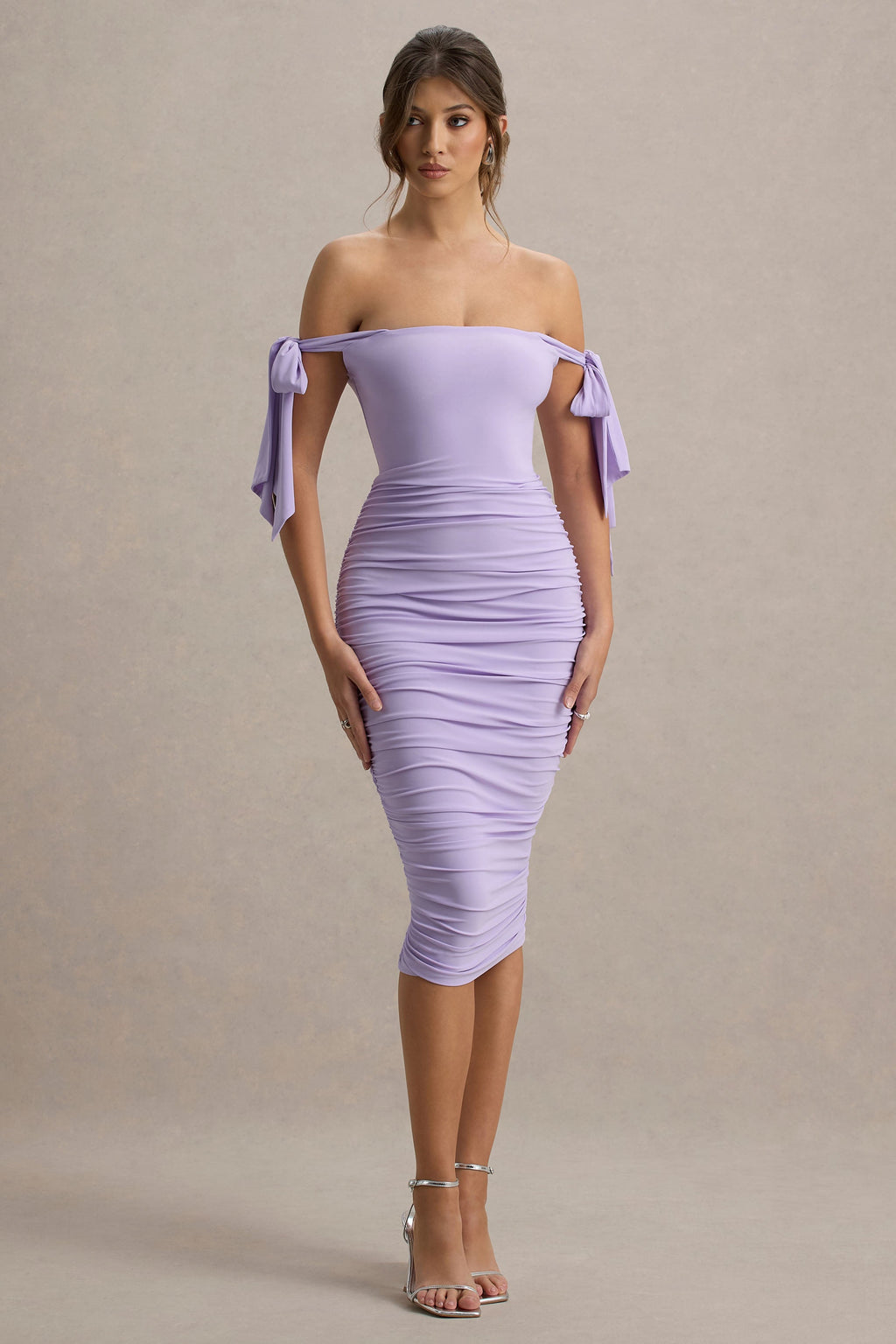 Citrus | Lilac Bardot Bodycon Midi Dress With Bow Sleeves