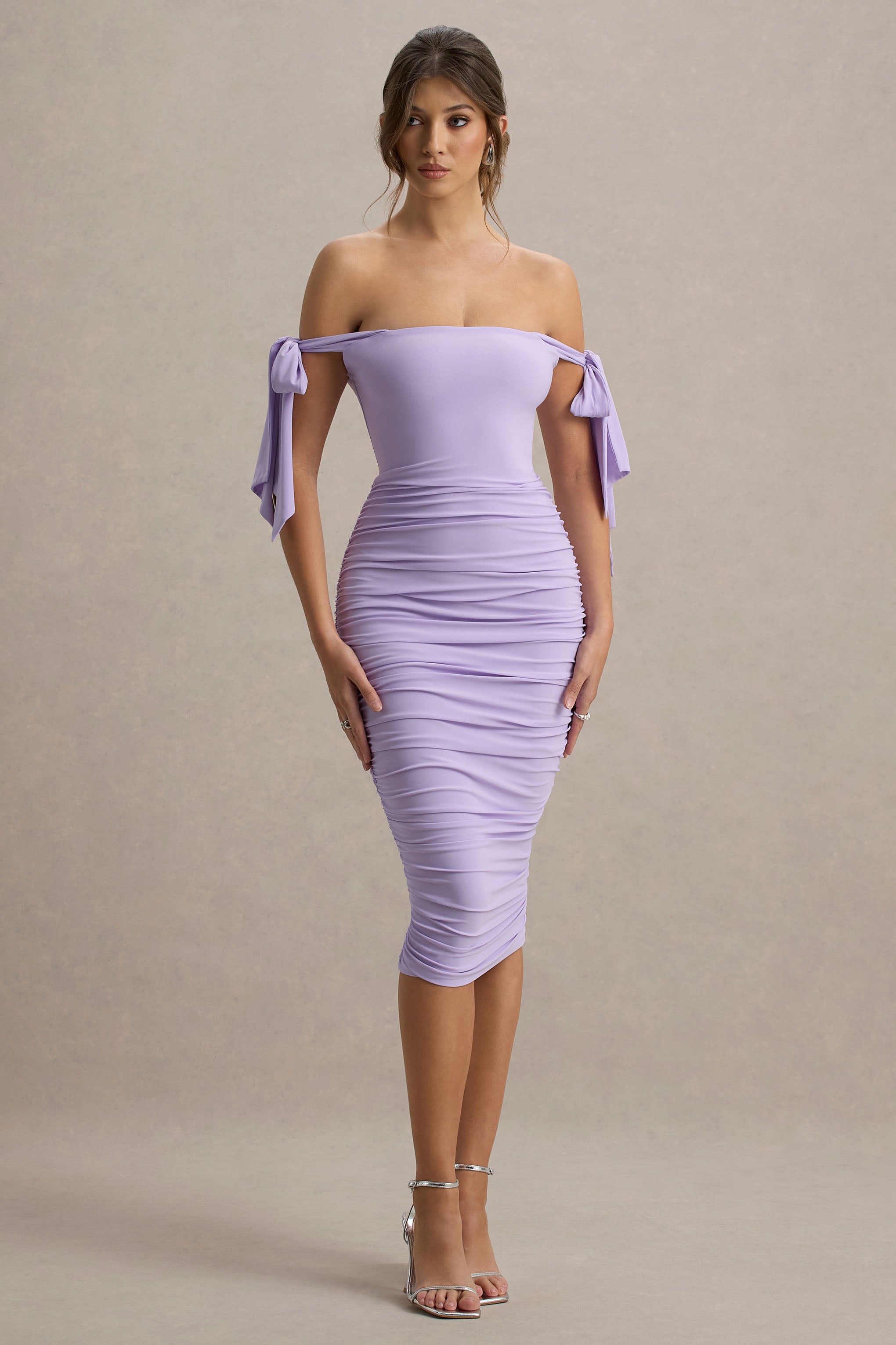 Citrus | Lilac Bardot Bodycon Midi Dress With Bow Sleeves
