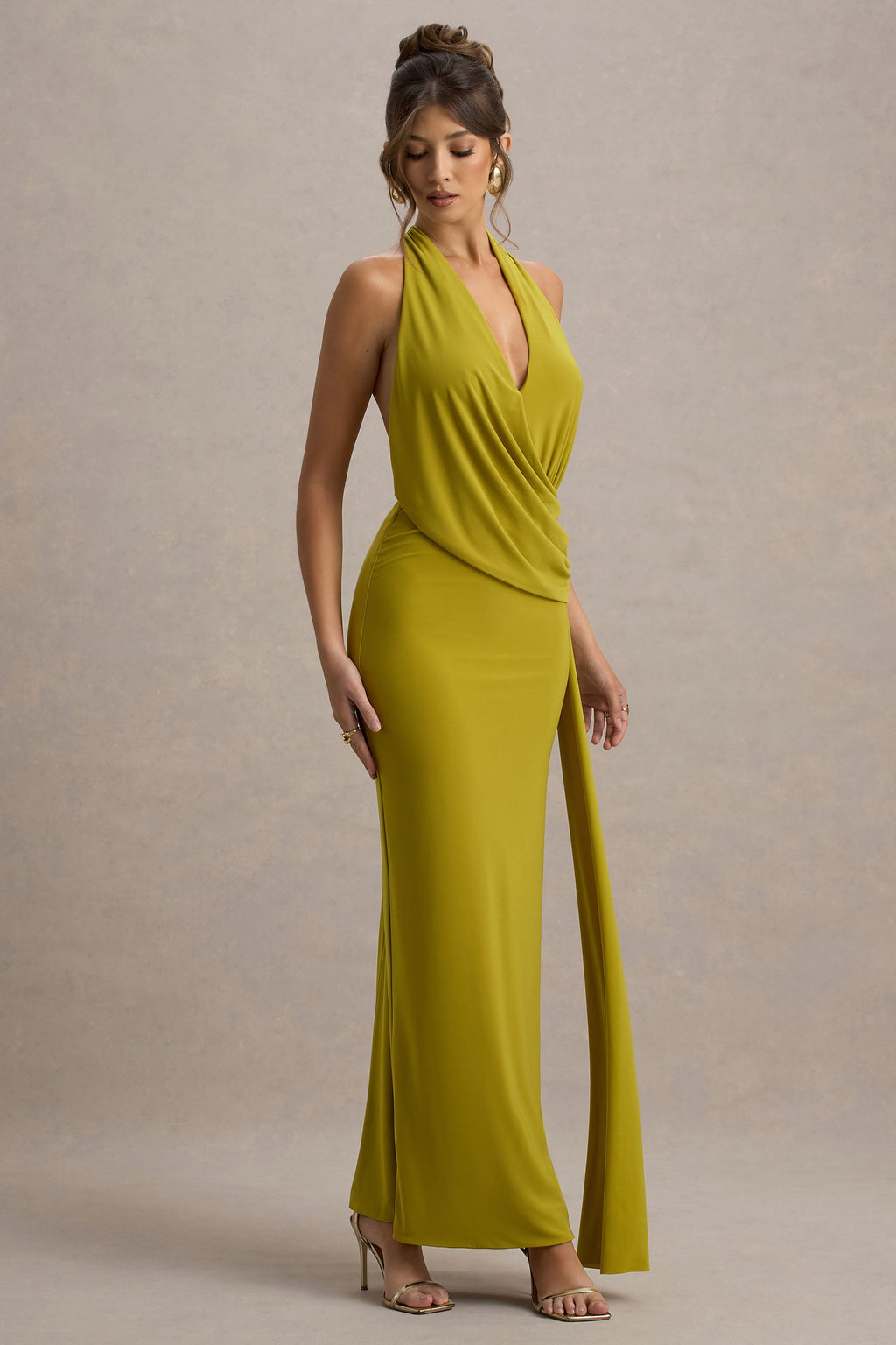 Rosina | Green Halter-Neck Draped Maxi Dress With Sash