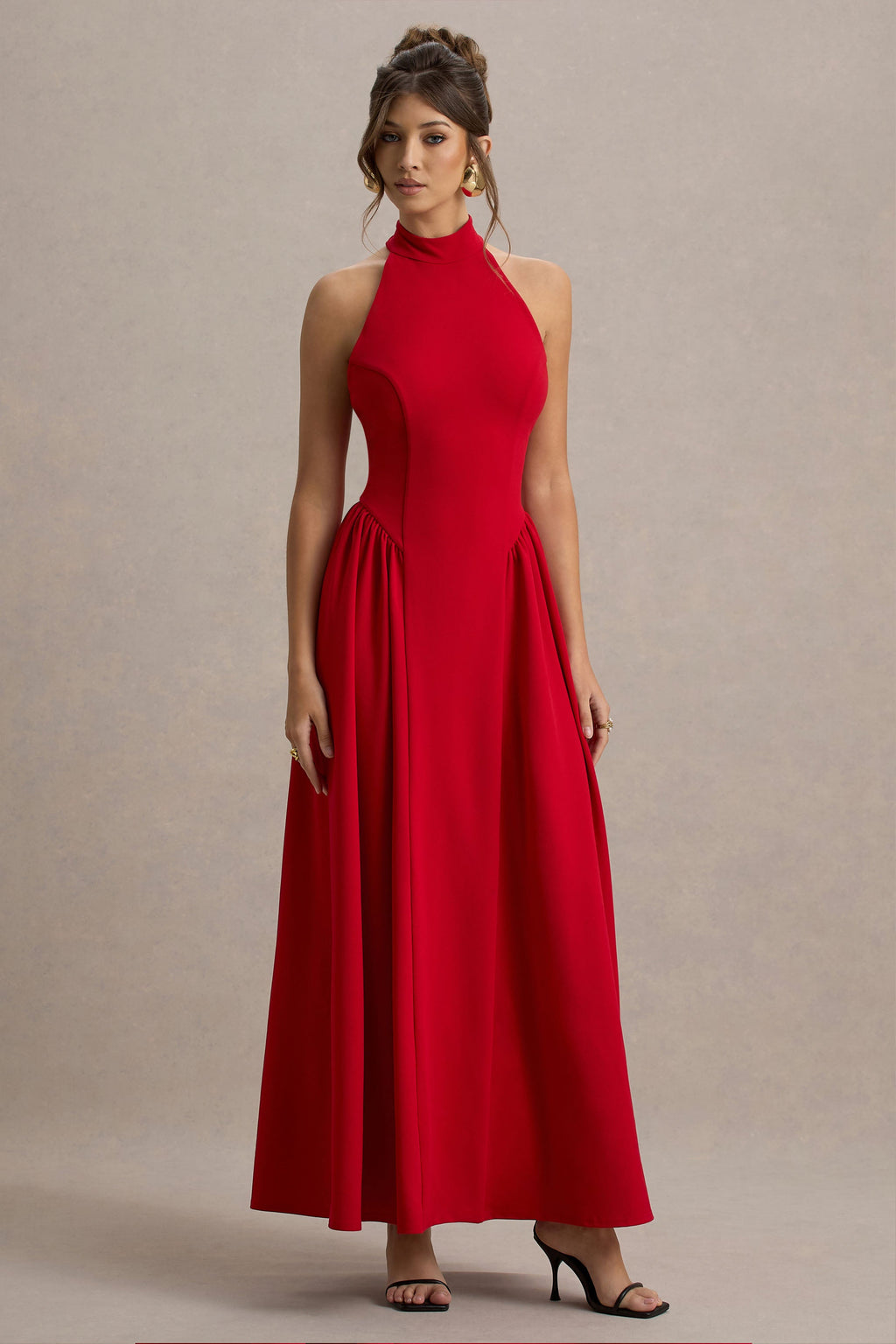 Cynthia | Red High-Neck Maxi Dress With Volume Skirt
