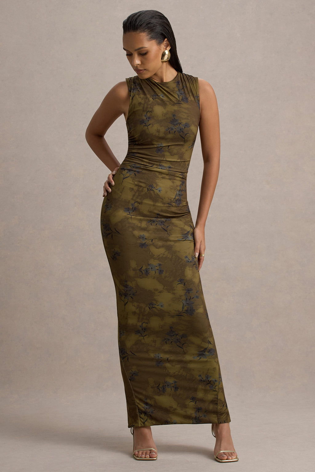 Jacinda | Khaki Floral Print Bodycon Maxi Dress