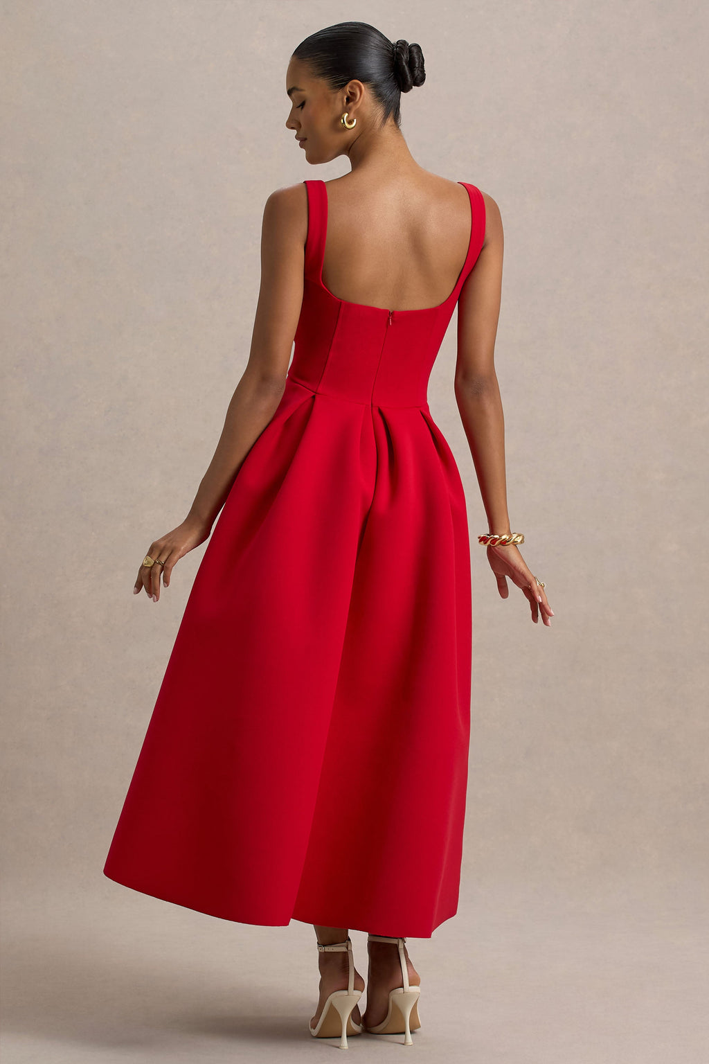 Rosemary | Red Sweetheart Midi Dress With Drop Waist