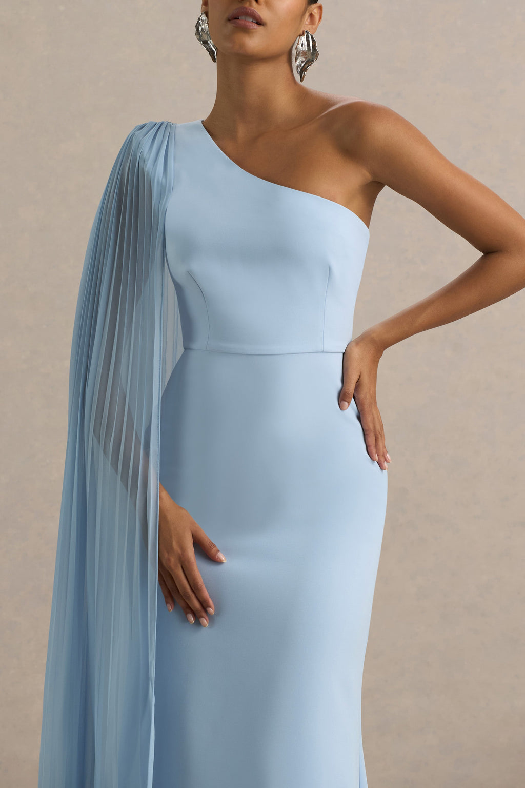 Athens | Powder Blue Asymmetric-Neck Maxi Dress With Cape Sleeve Detail