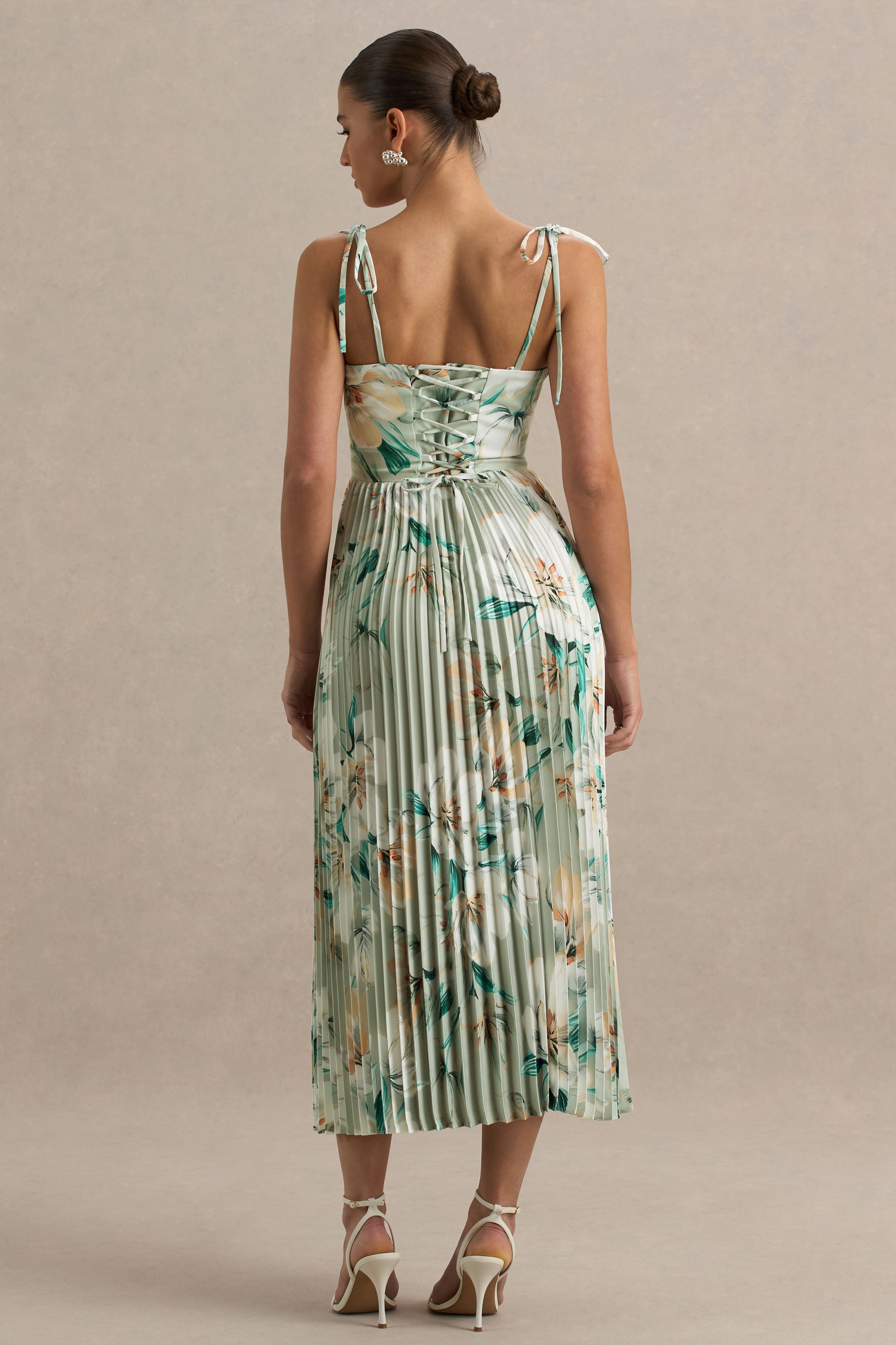Peyton | Green Floral Print Satin Sweetheart-Neck Midi Dress With Pleated Details