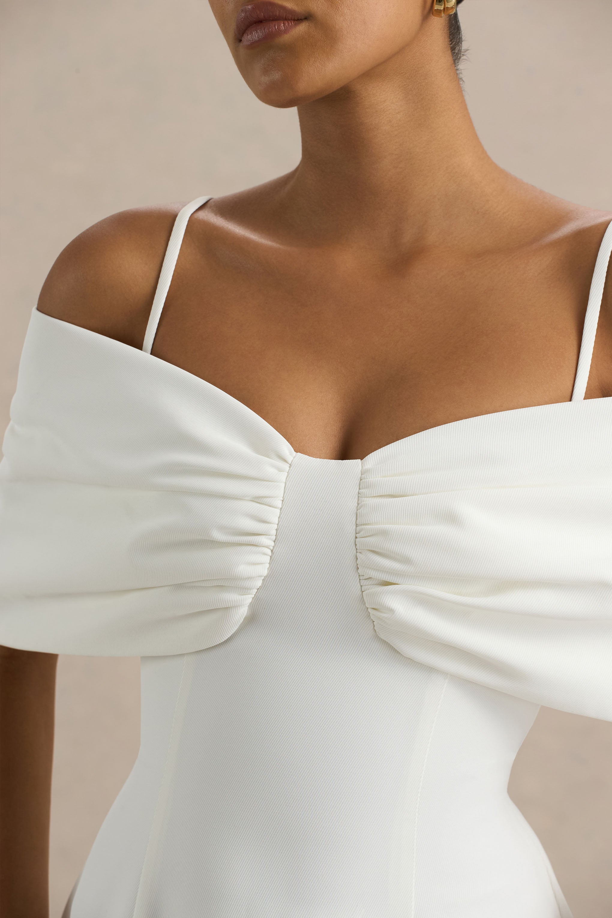 Hettie | White Short-Sleeve Bardot Midi Dress With Bow Detail