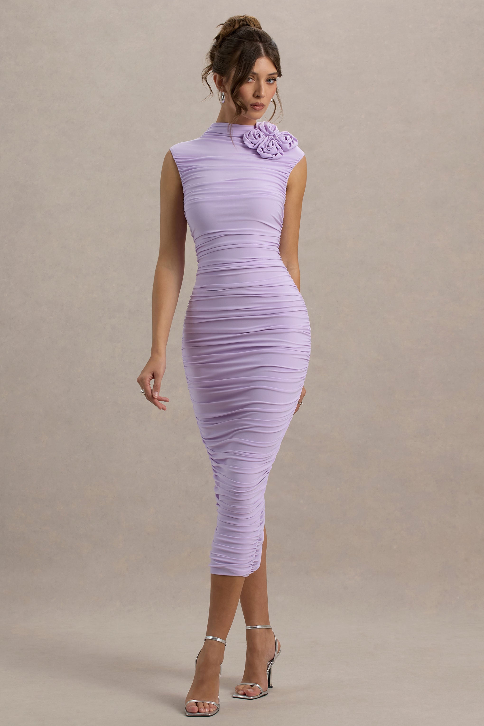 Bridget | Lilac High-Neck Gathered Midi Dress With Floral Detail