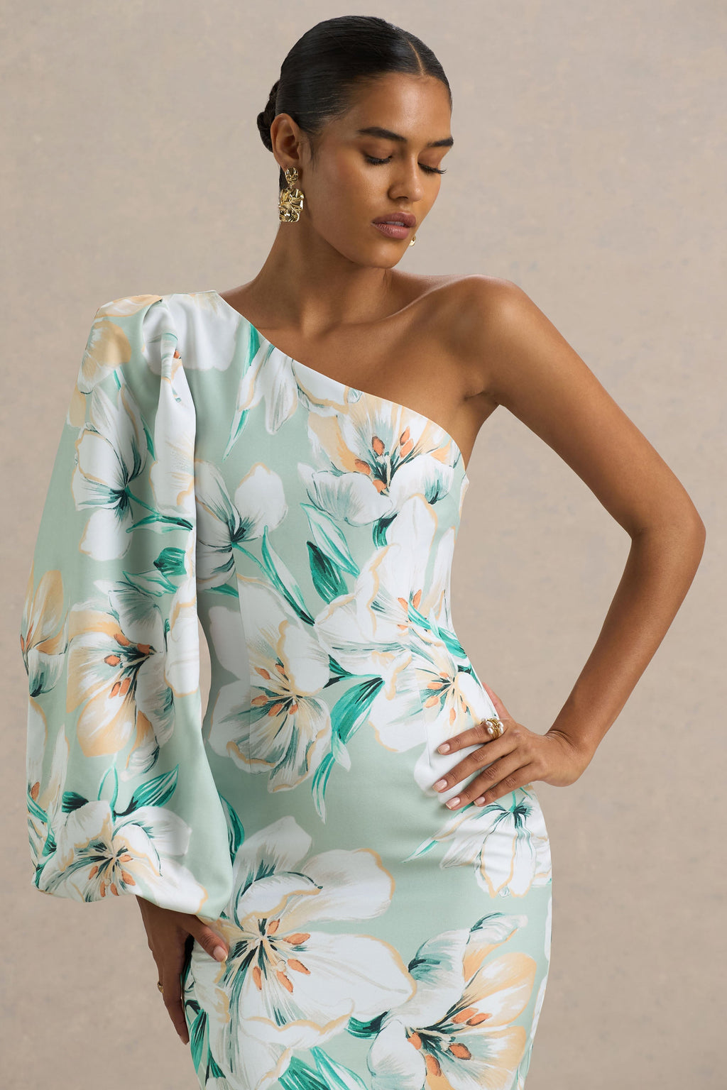 Kellis | Green Floral Print Asymmetric Maxi Dress With Balloon Sleeve