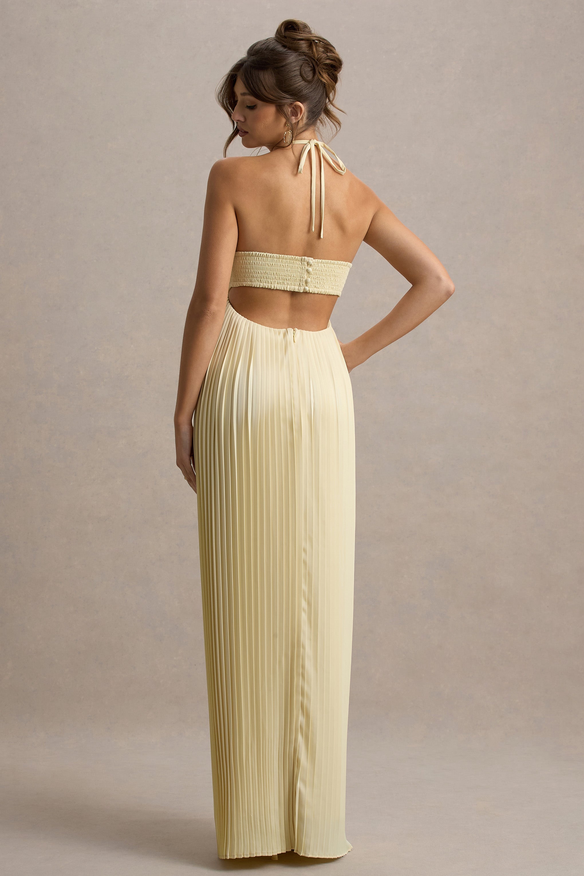 Elayne | Pale Lemon Halter-Neck Maxi Dress With Cut-Out Detail