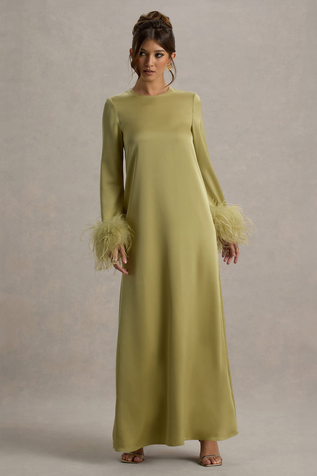Adella | Light Green Satin Feather-Trim Maxi Dress