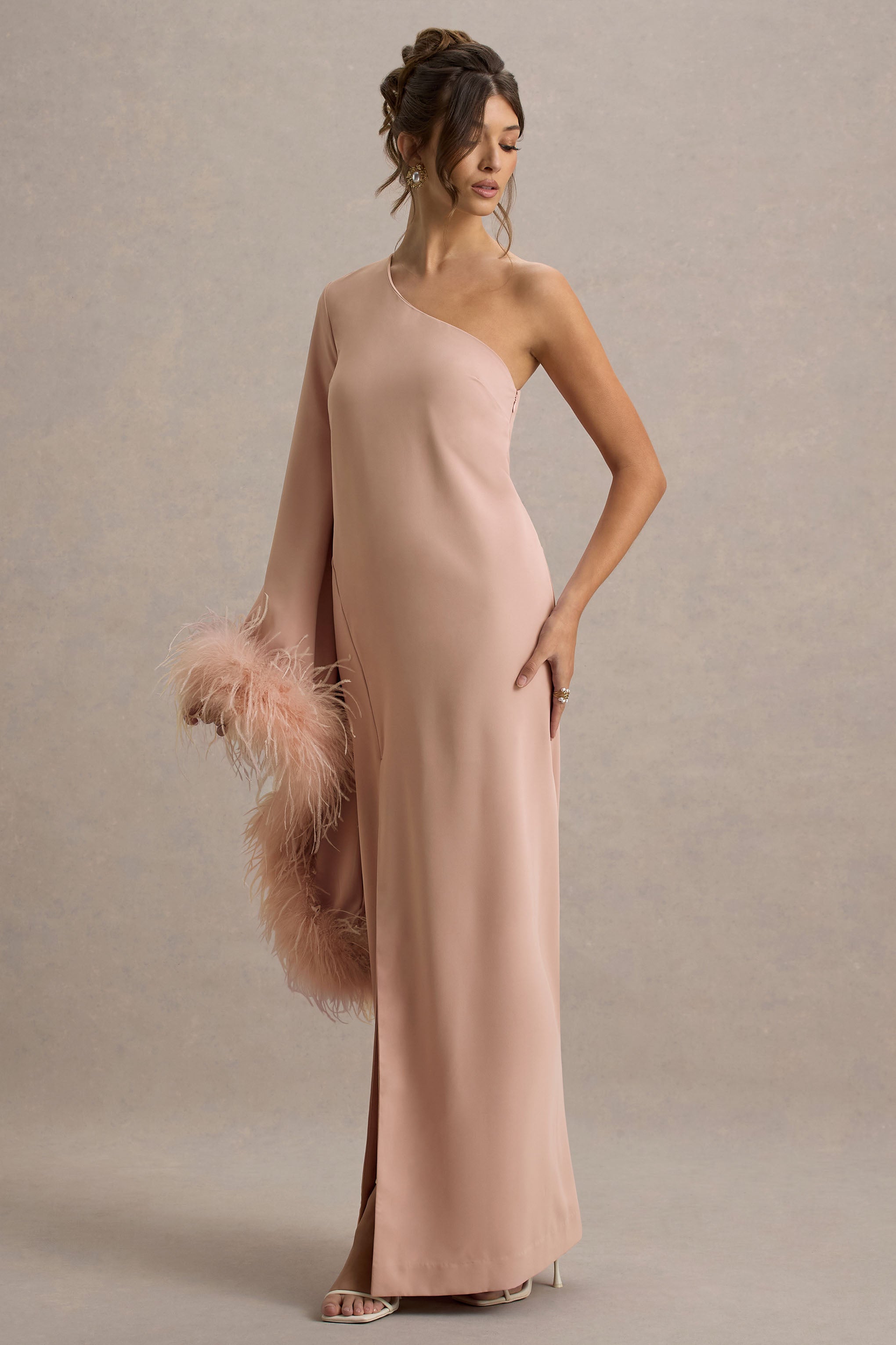 Armina | Blush Pink One-Shoulder Feather-Trim Maxi Dress