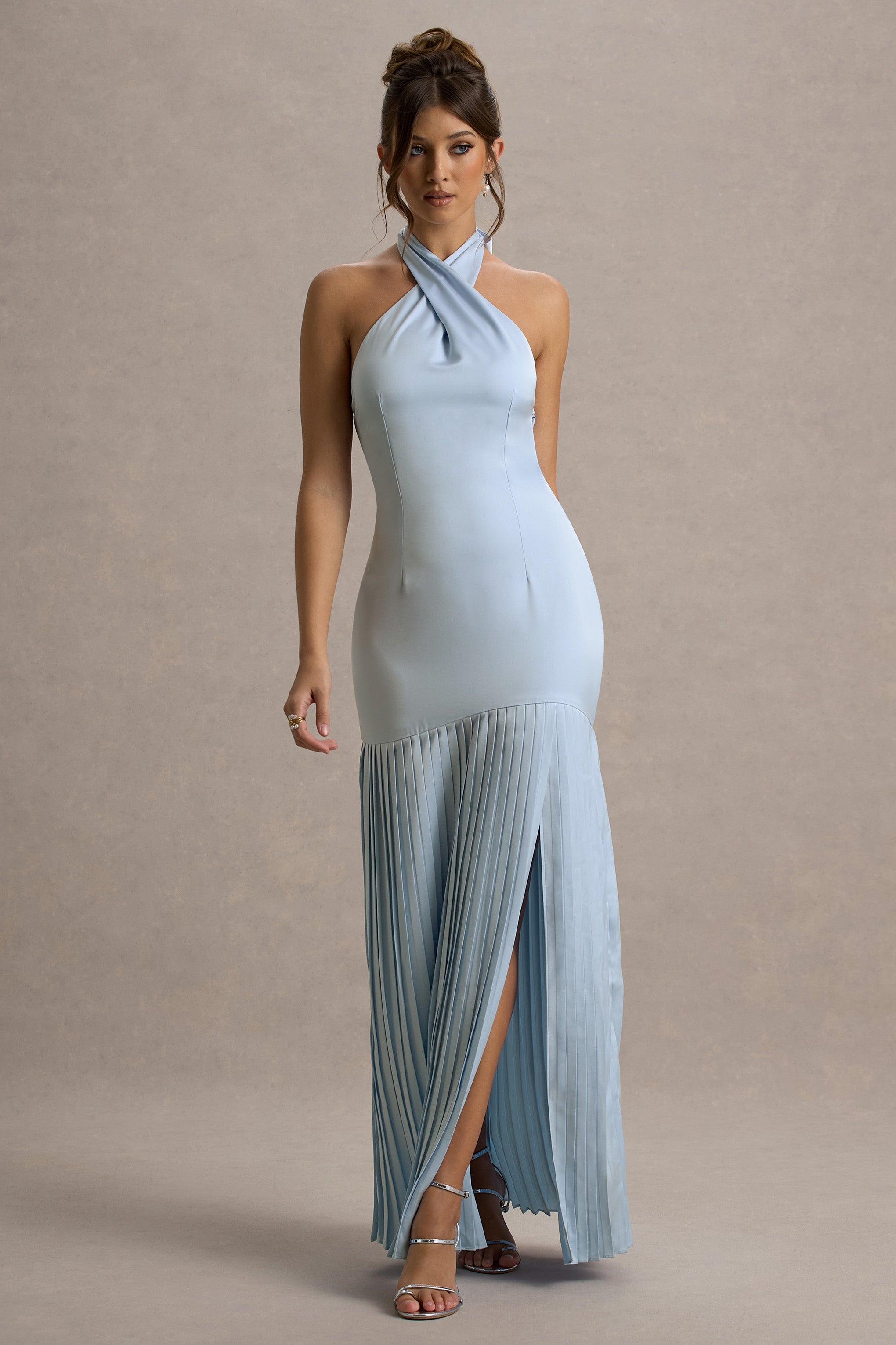 Sansa | Powder Blue Satin Cross Halter-Neck Plisse Maxi Dress