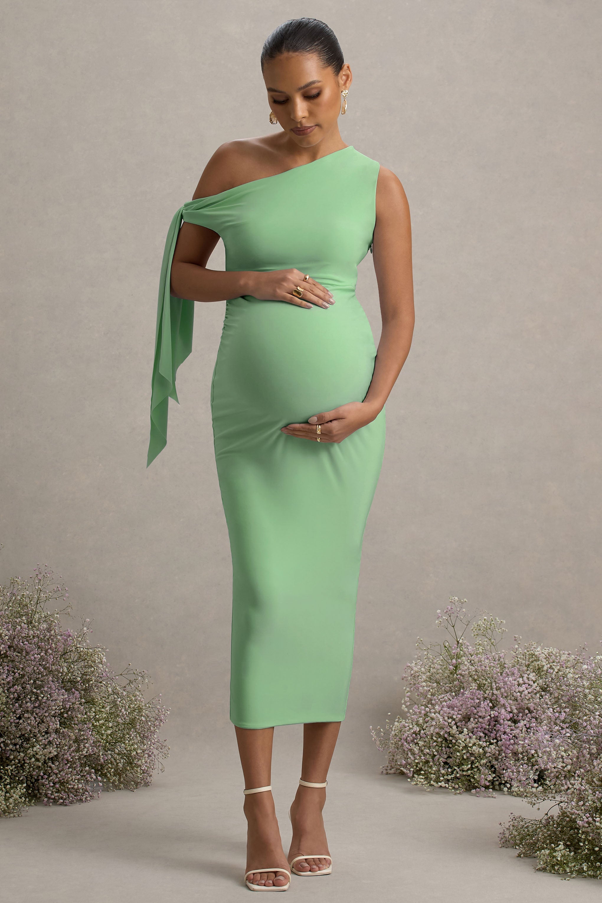 Katarine | Light Green Asymmetric Knot Maternity Midi Dress