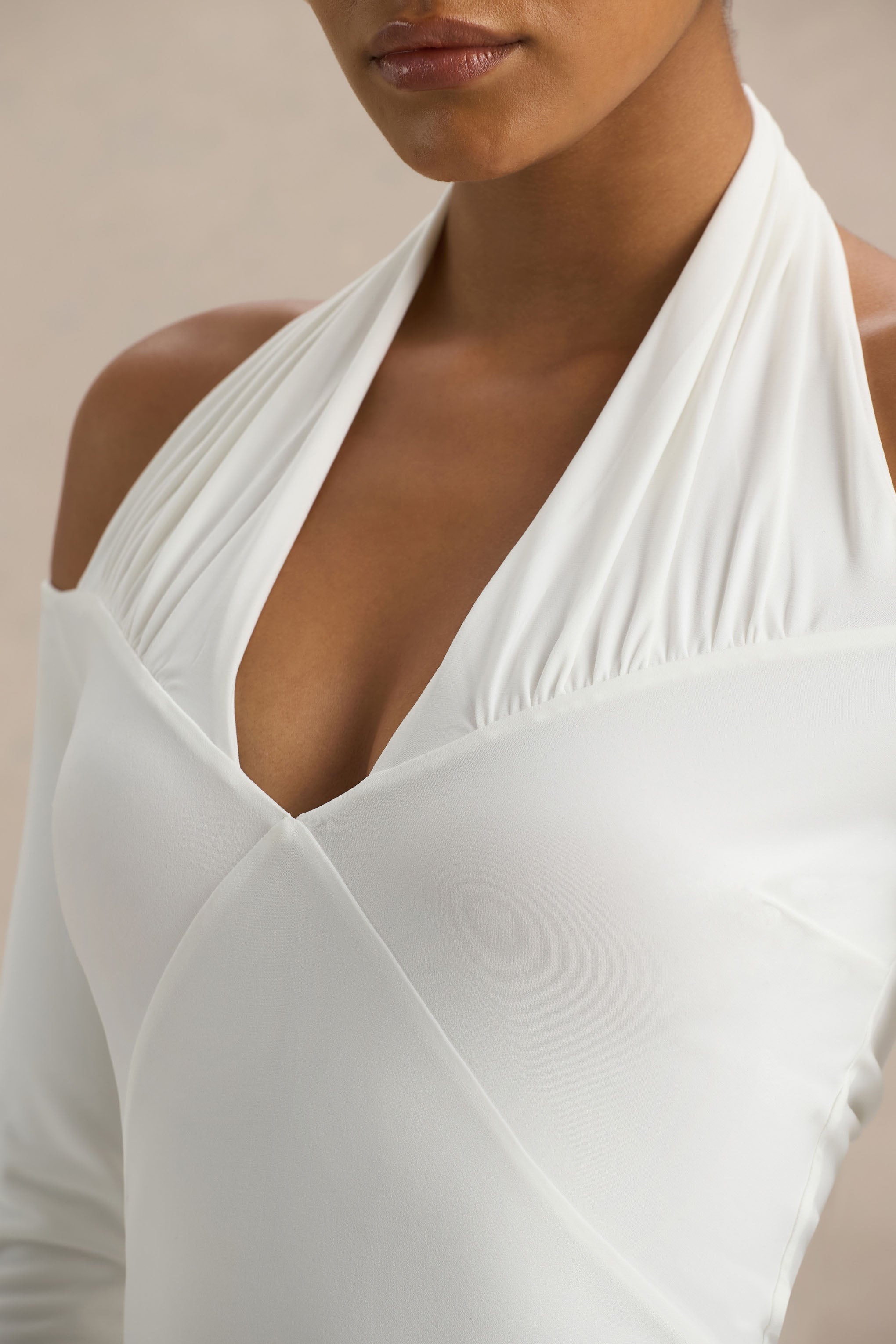 Living High | White Halter-Neck Maxi Dress With Long Sleeves