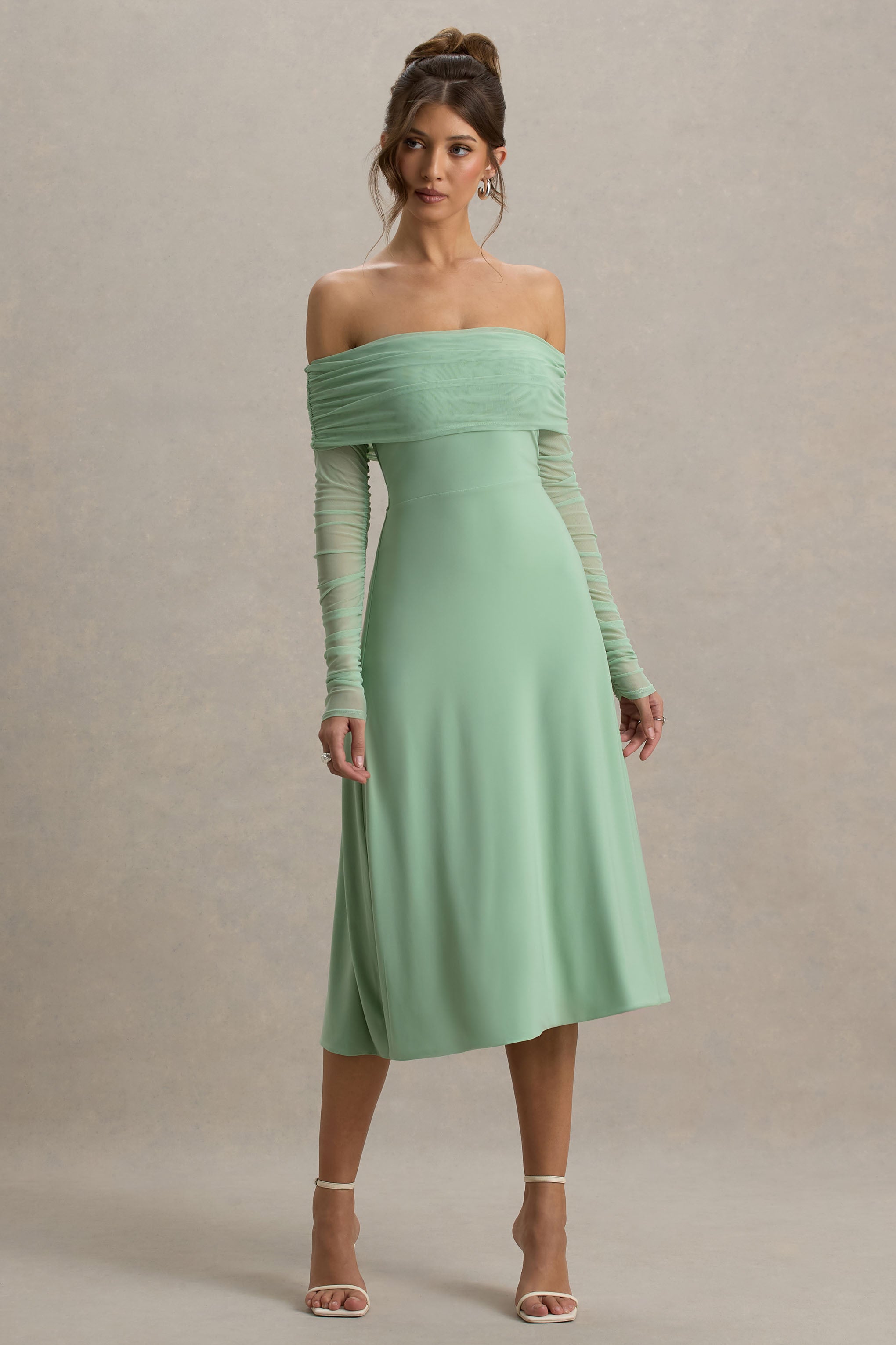 Flatter Me | Light Green Bardot Midi Dress With Mesh Sleeves