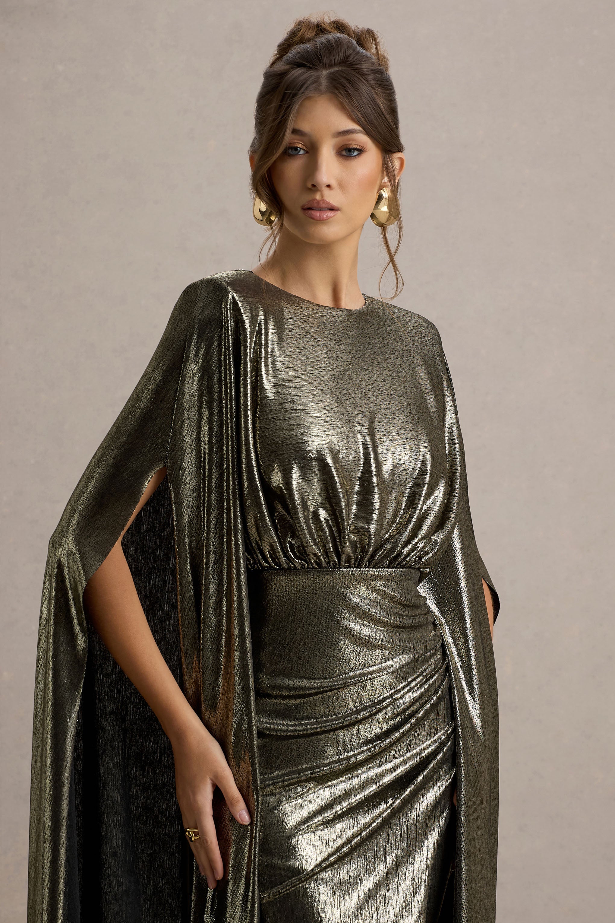 Theia | Gold Metallic Cape-Sleeve Split Maxi Dress