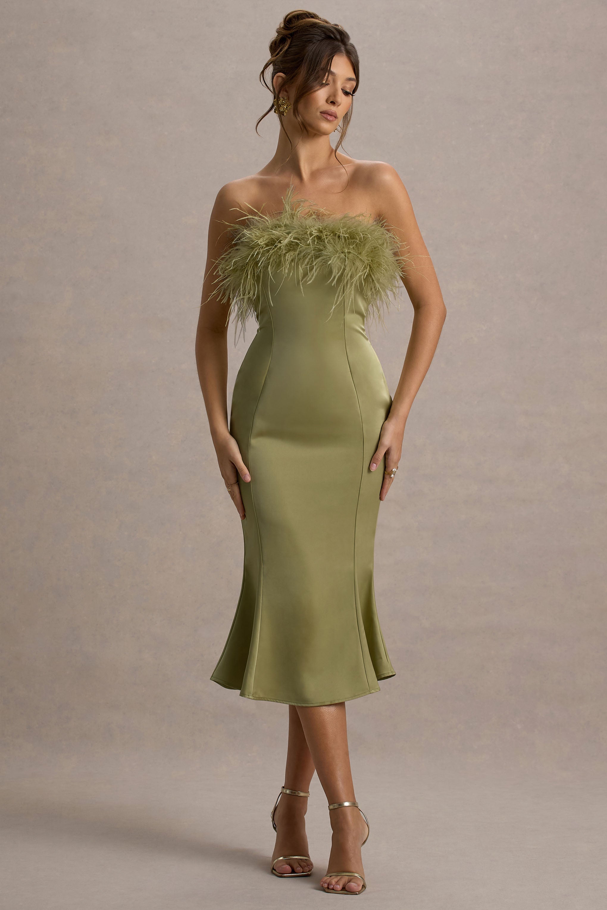 One And Only | Light Green Satin Feather Trim Bandeau Midi Dress