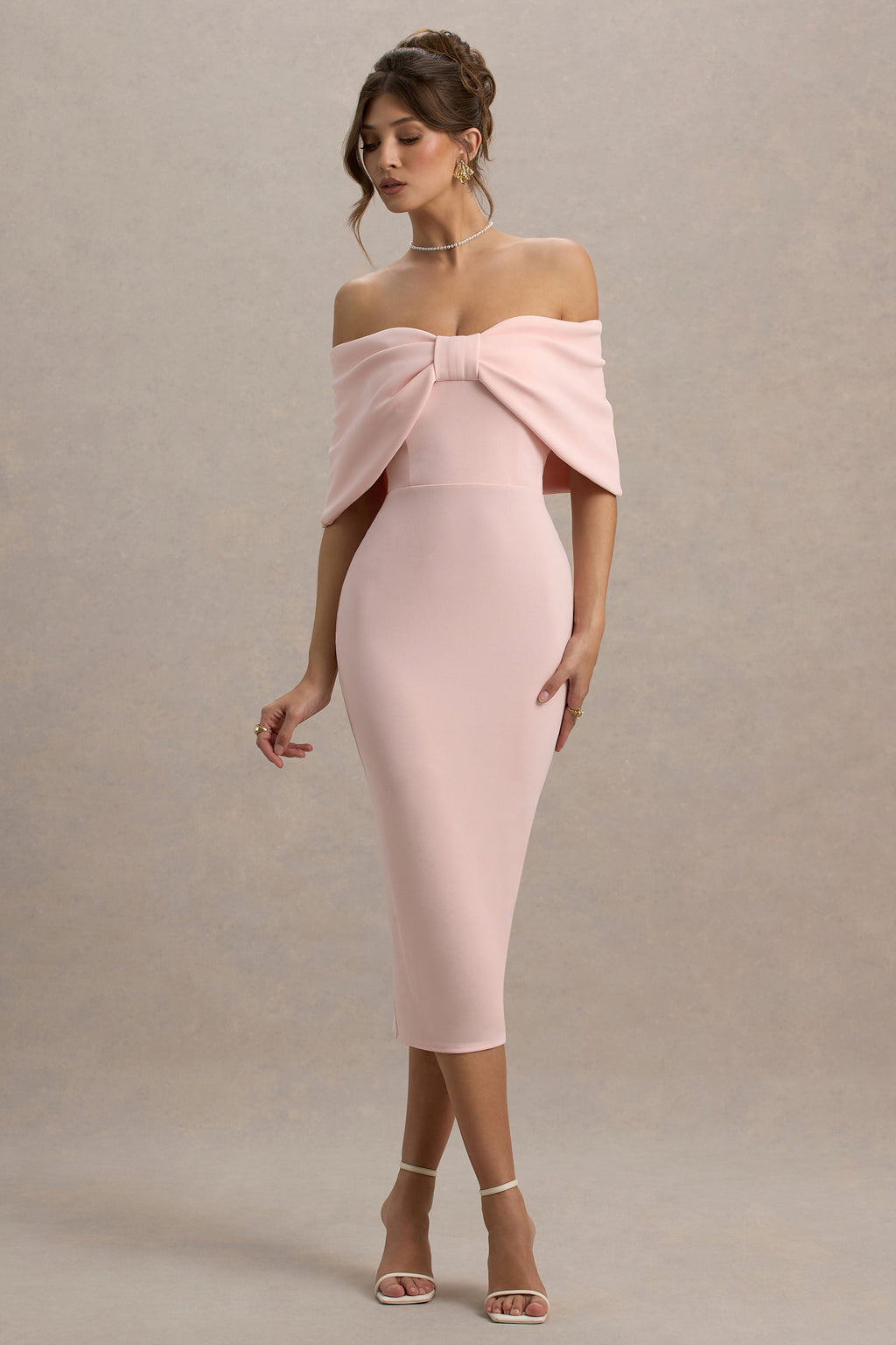 Bayshore | Pink Bow Bardot Midi Dress