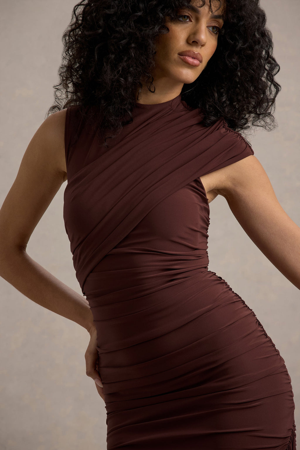 Nocturnal | Brown Ruched Mini Dress With Sash