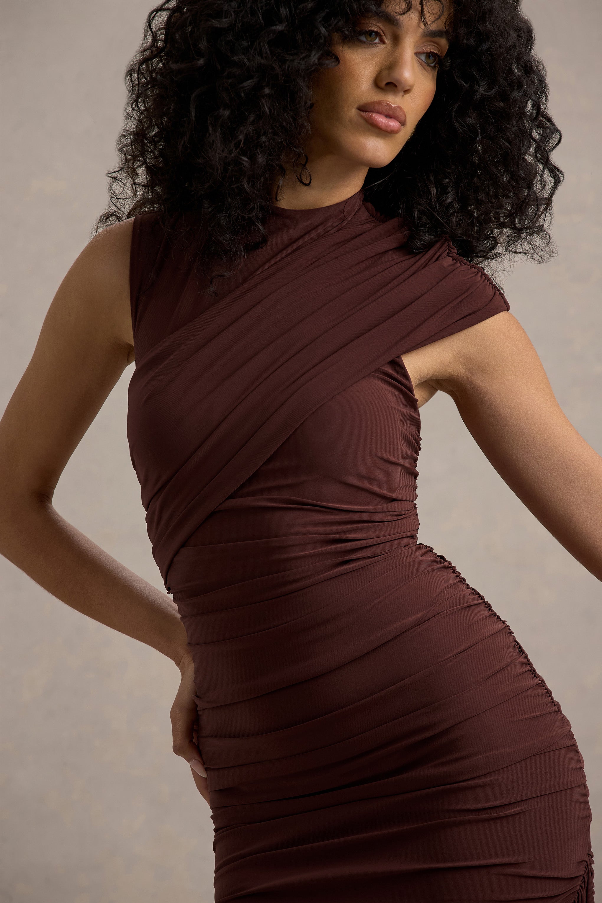 Nocturnal | Brown Ruched Mini Dress With Sash