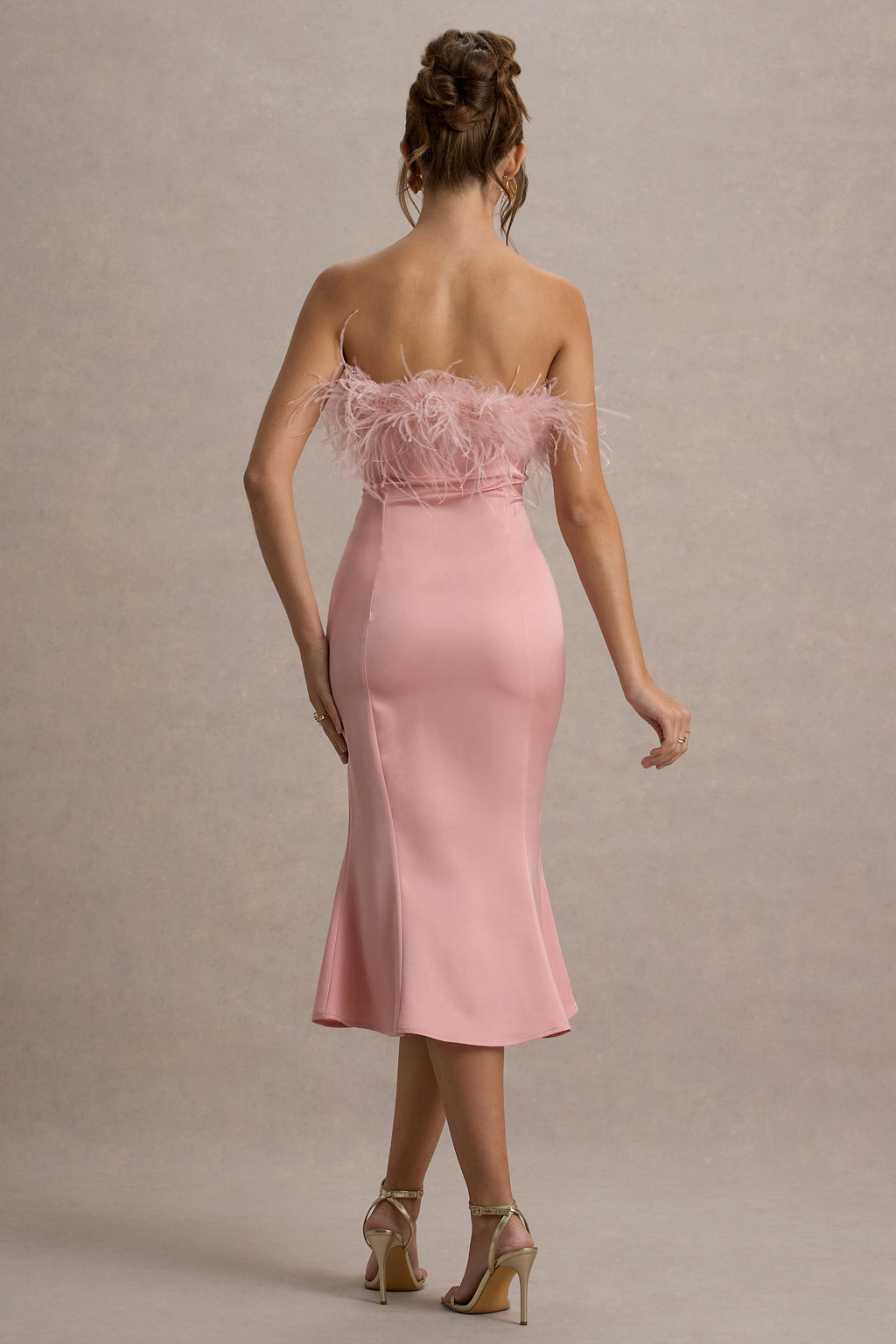 One And Only | Light Pink Satin Feather Trim Bandeau Midi Dress