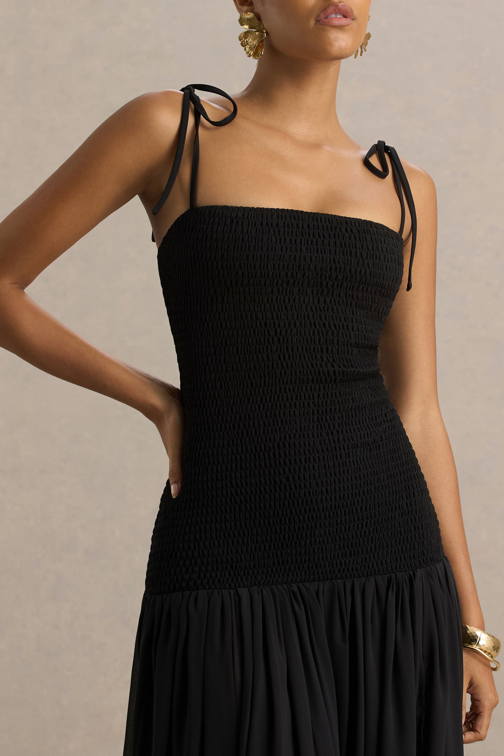 Maeva | Black Square-Neck Fishtail Maxi Dress With Ruched Detailing