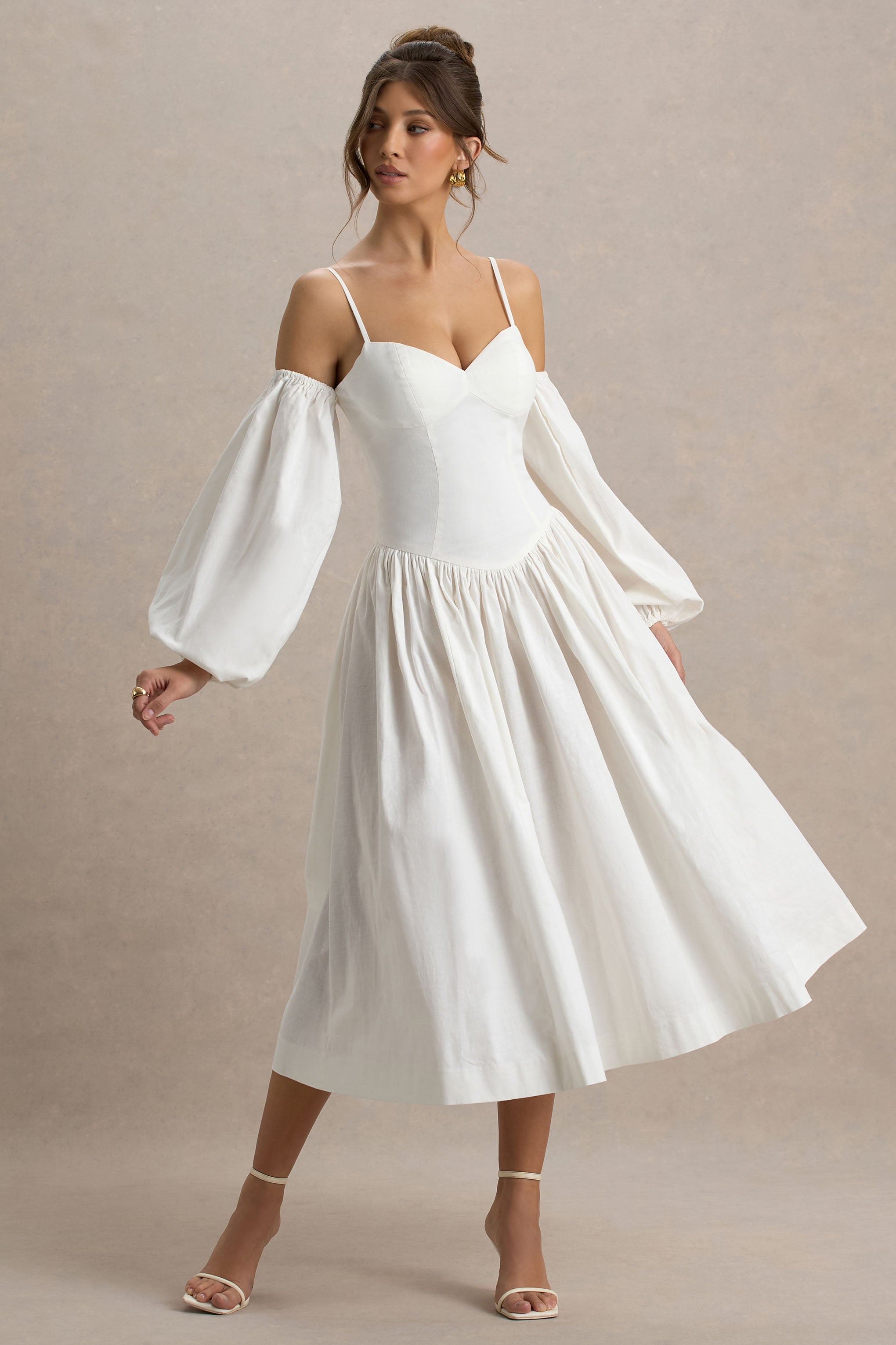 Macie | Cream Sweetheart Midi Dress With Balloon Sleeves