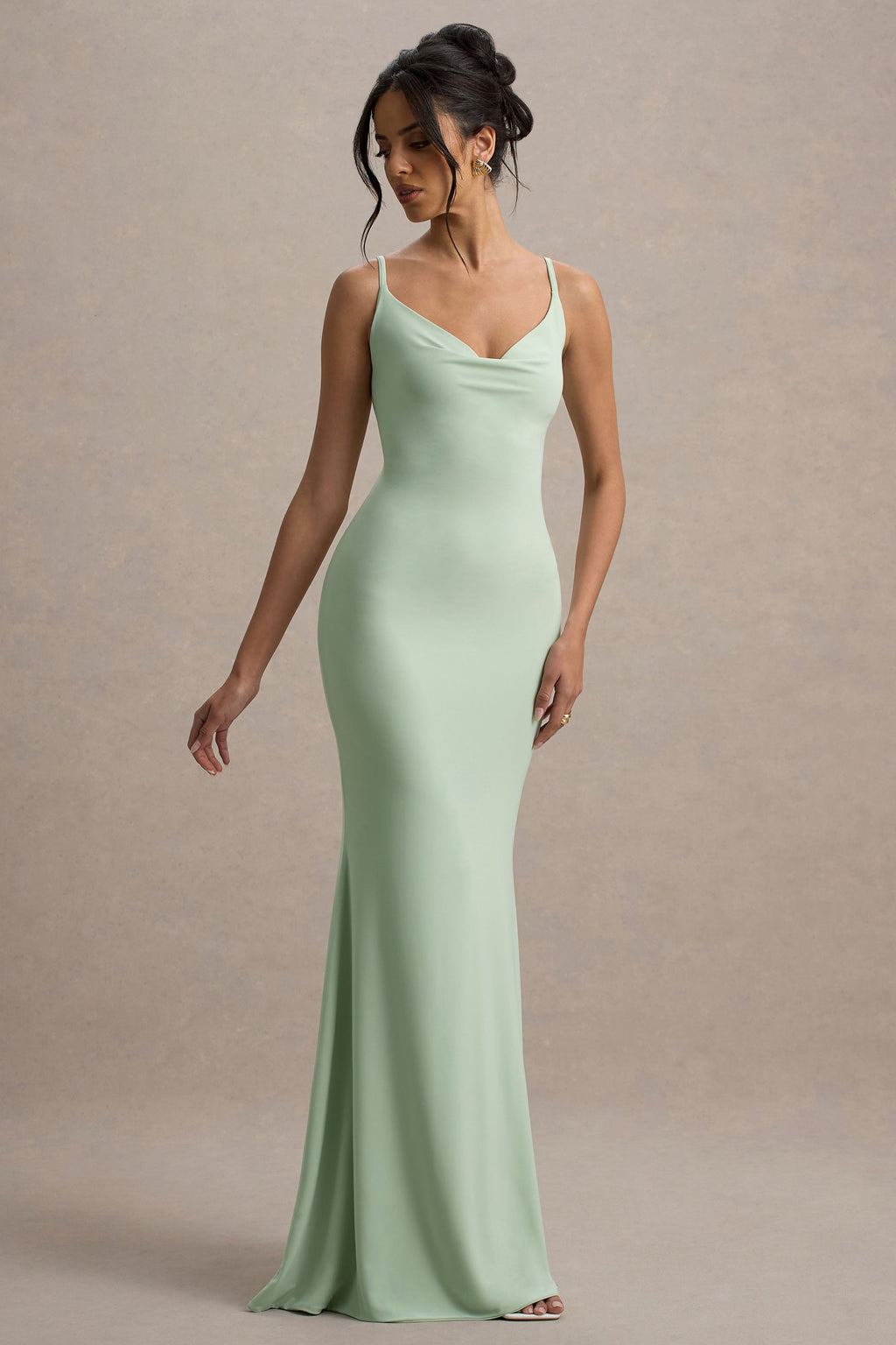 Francoise | Light Green Cowl Neck Backless Maxi Dress With Lace Insert