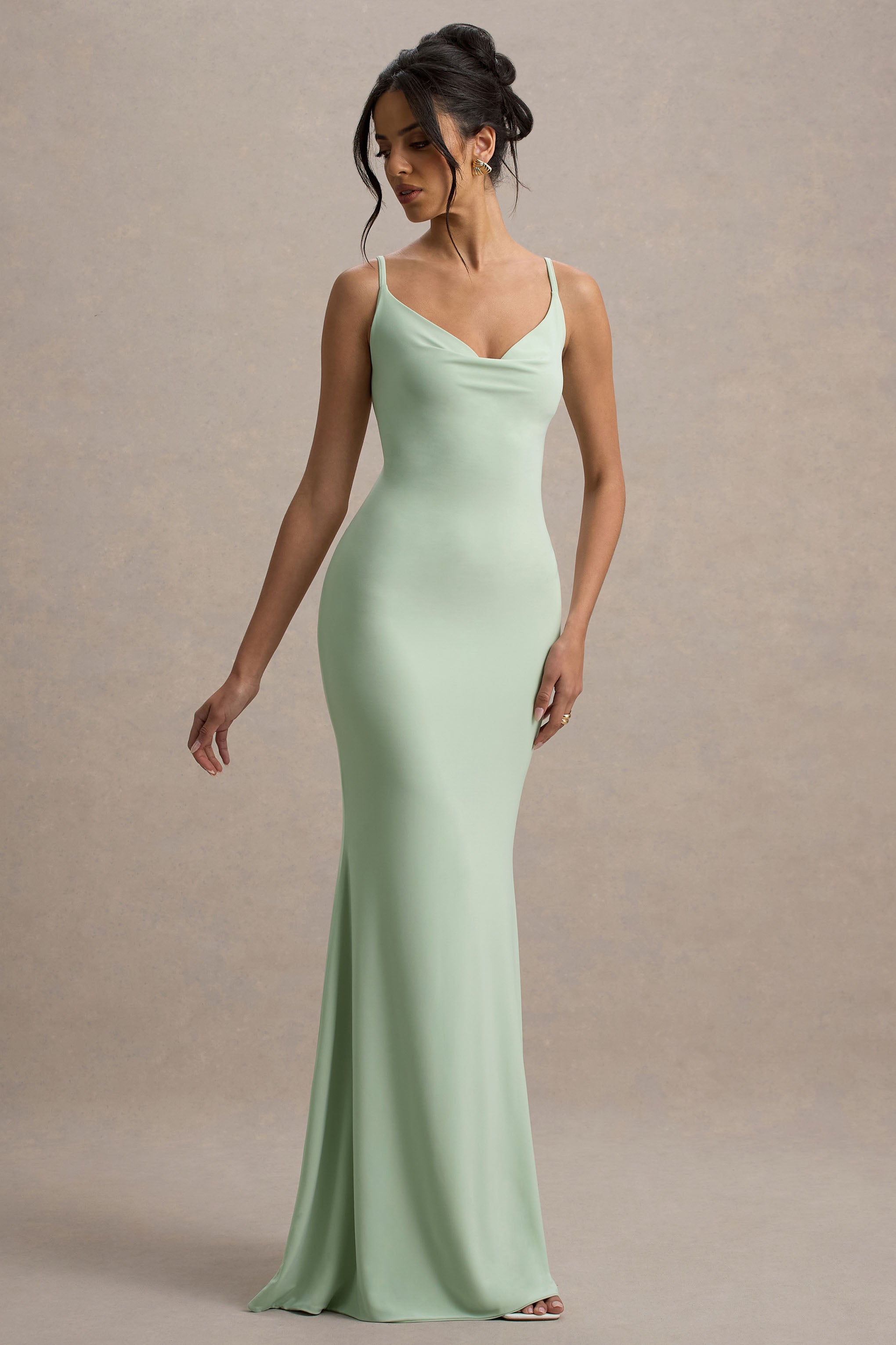 Francoise | Light Green Cowl Neck Backless Maxi Dress With Lace Insert