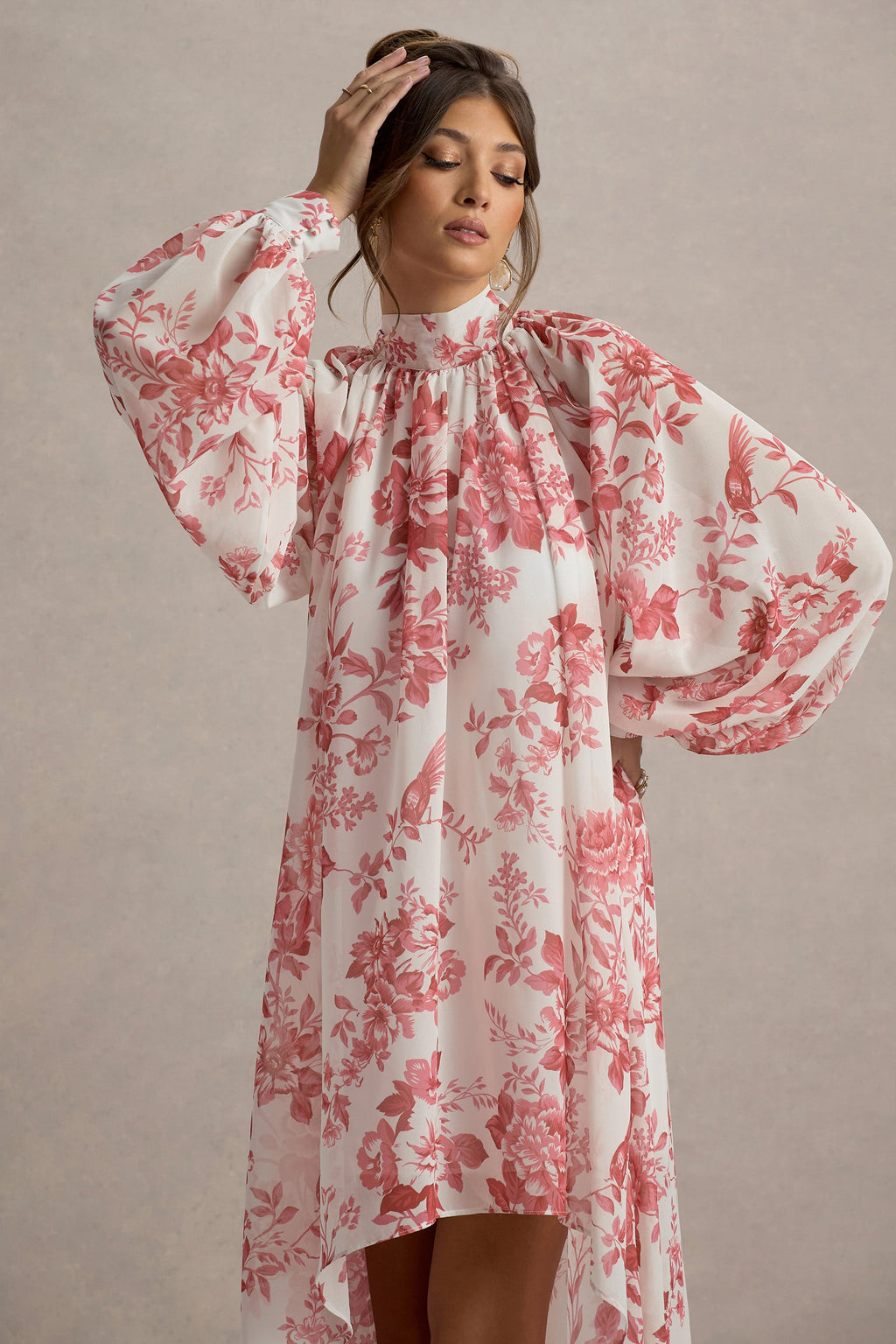 Delphia | Pink Porcelain Print High-Neck Maxi Dress With High-Low Hem