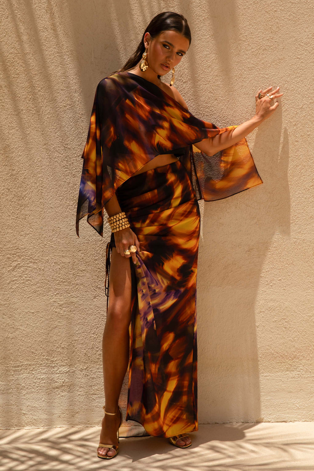 Nadine | Smoke Print Asymmetric Maxi Skirt With Split