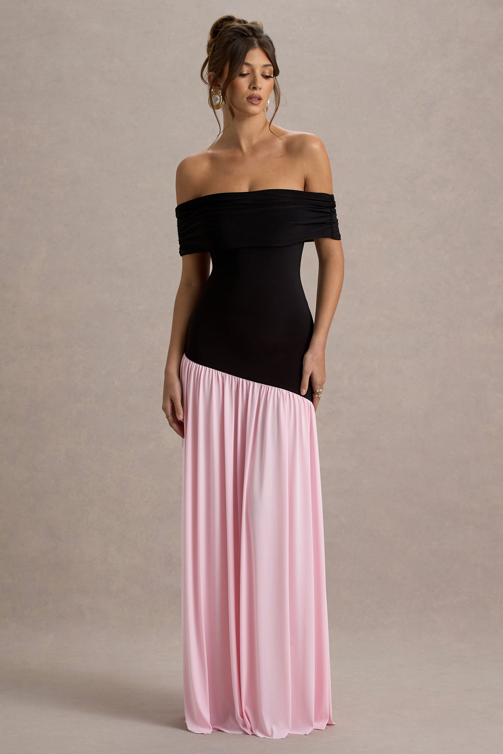 Venezia | Black & Pink Bardot Puff-Skirt Maxi Dress