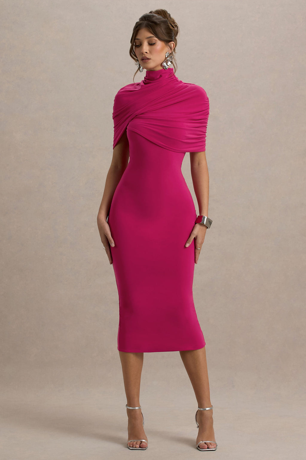 Cecille | Hot Pink Midi Dress With Cape Sleeve Detail