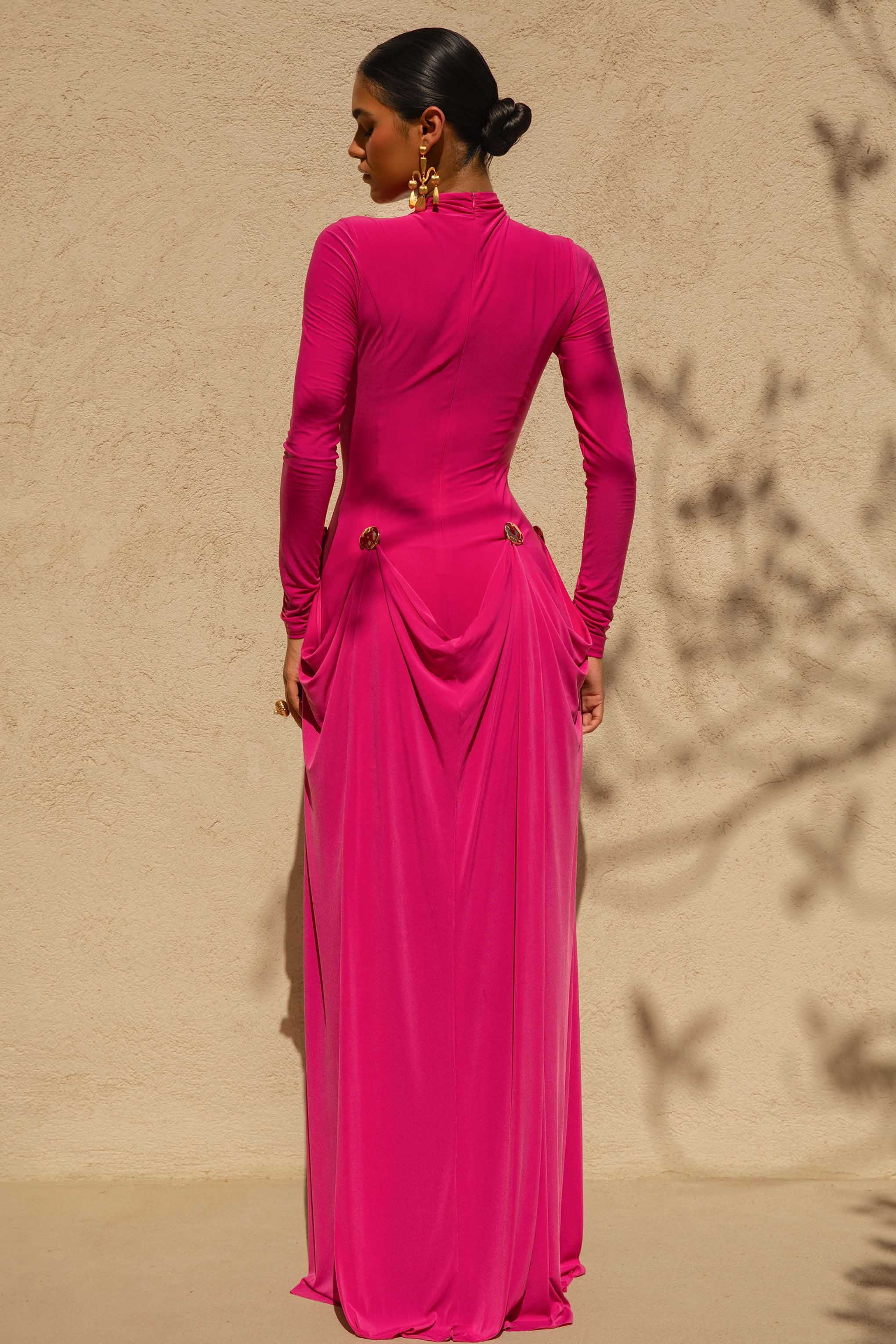 Caprice | Hot Pink High-Neck Maxi Dress With Embellished Details