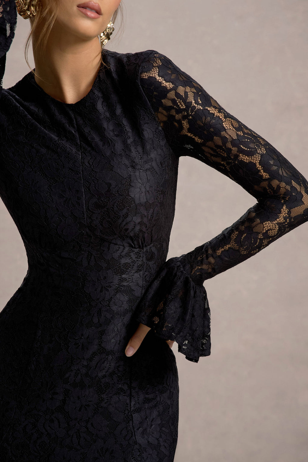 For Life | Black Lace Long-Sleeve Midi Dress