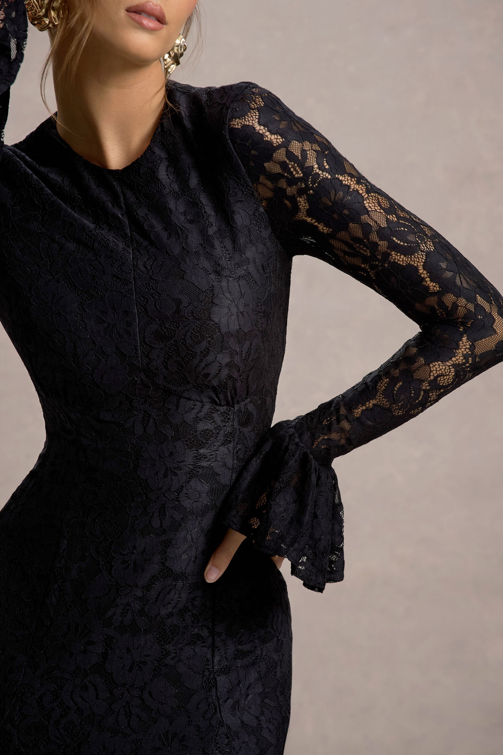 For Life | Black Lace Long-Sleeve Midi Dress