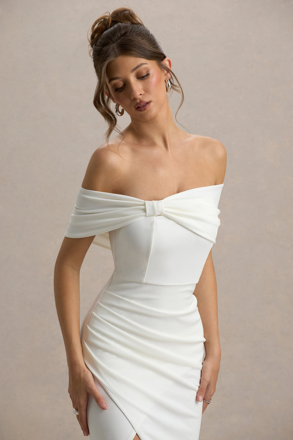 Eva | White Bardot Bow Detail Maxi Dress With Thigh Split