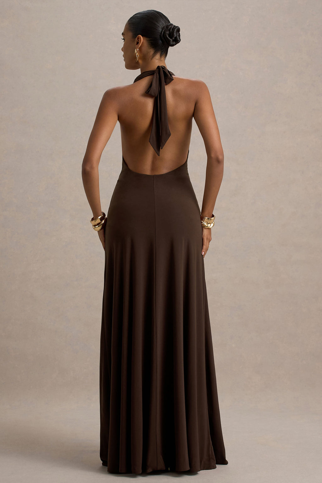 Mist | Brown Plunge-Neck Split Maxi Dress